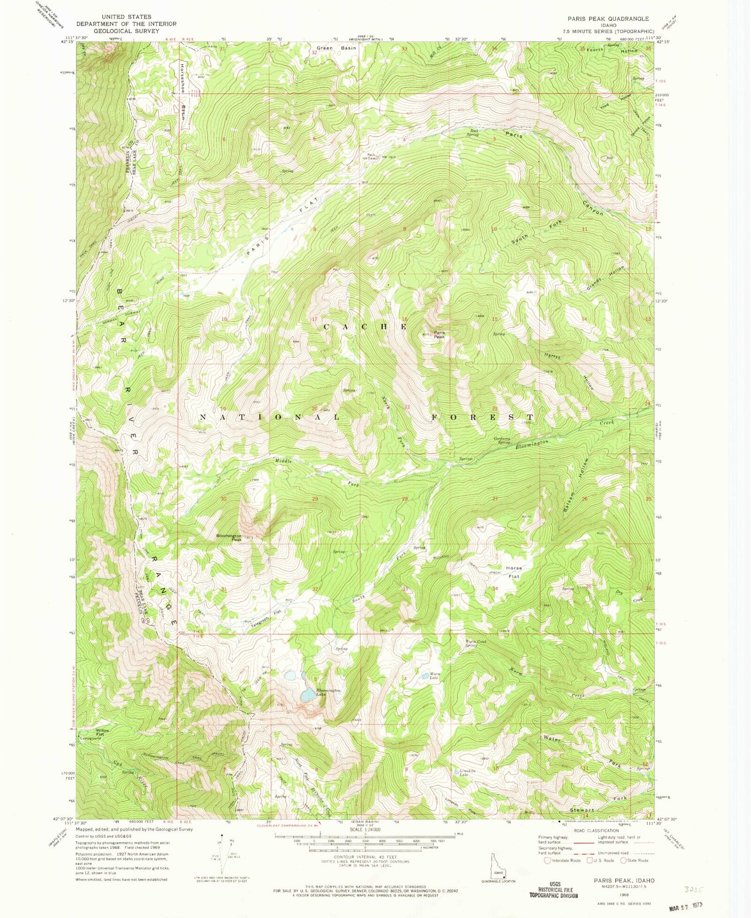 Classic USGS Paris Peak Idaho 7.5'x7.5' Topo Map Image
