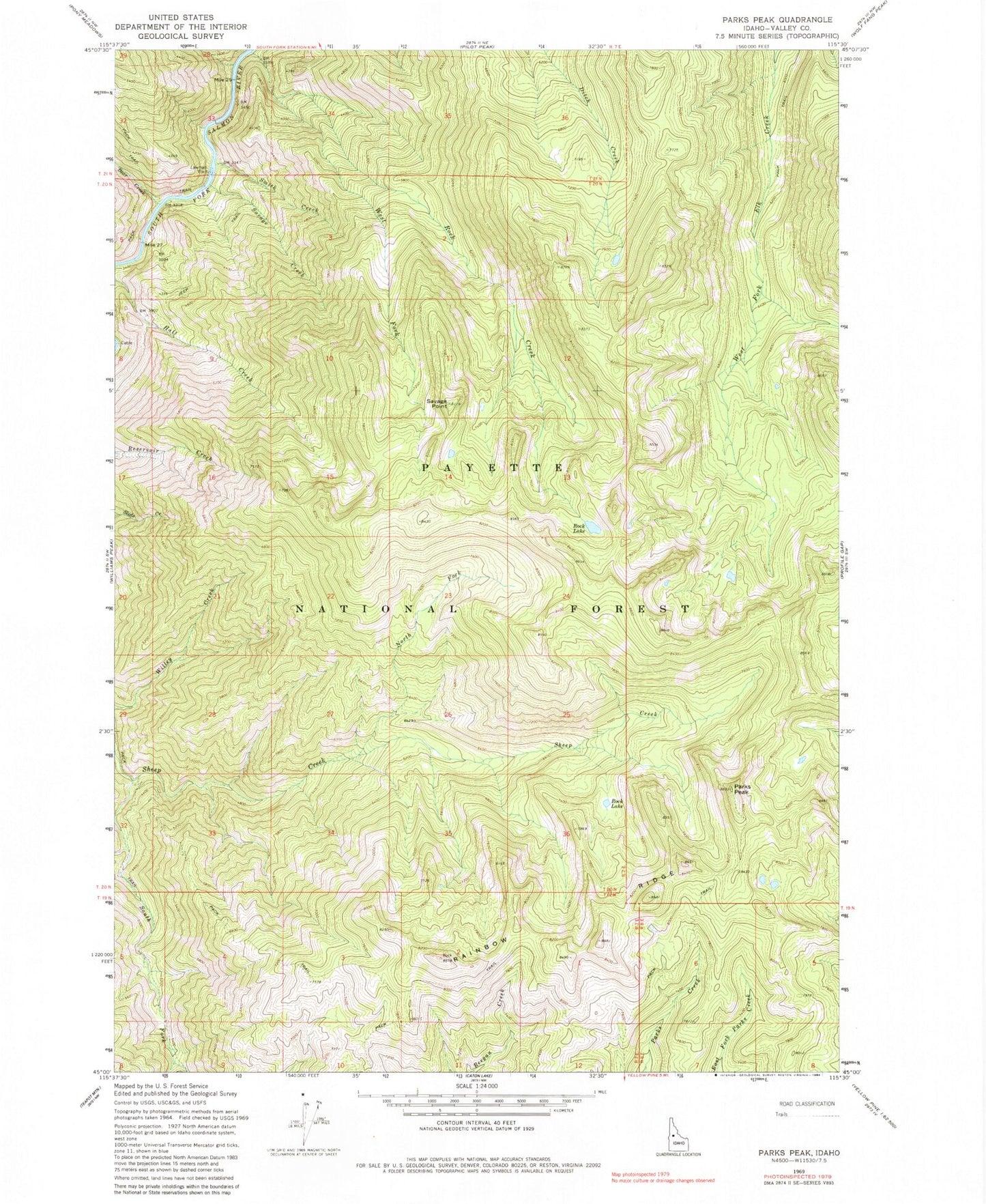 Classic USGS Parks Peak Idaho 7.5'x7.5' Topo Map Image