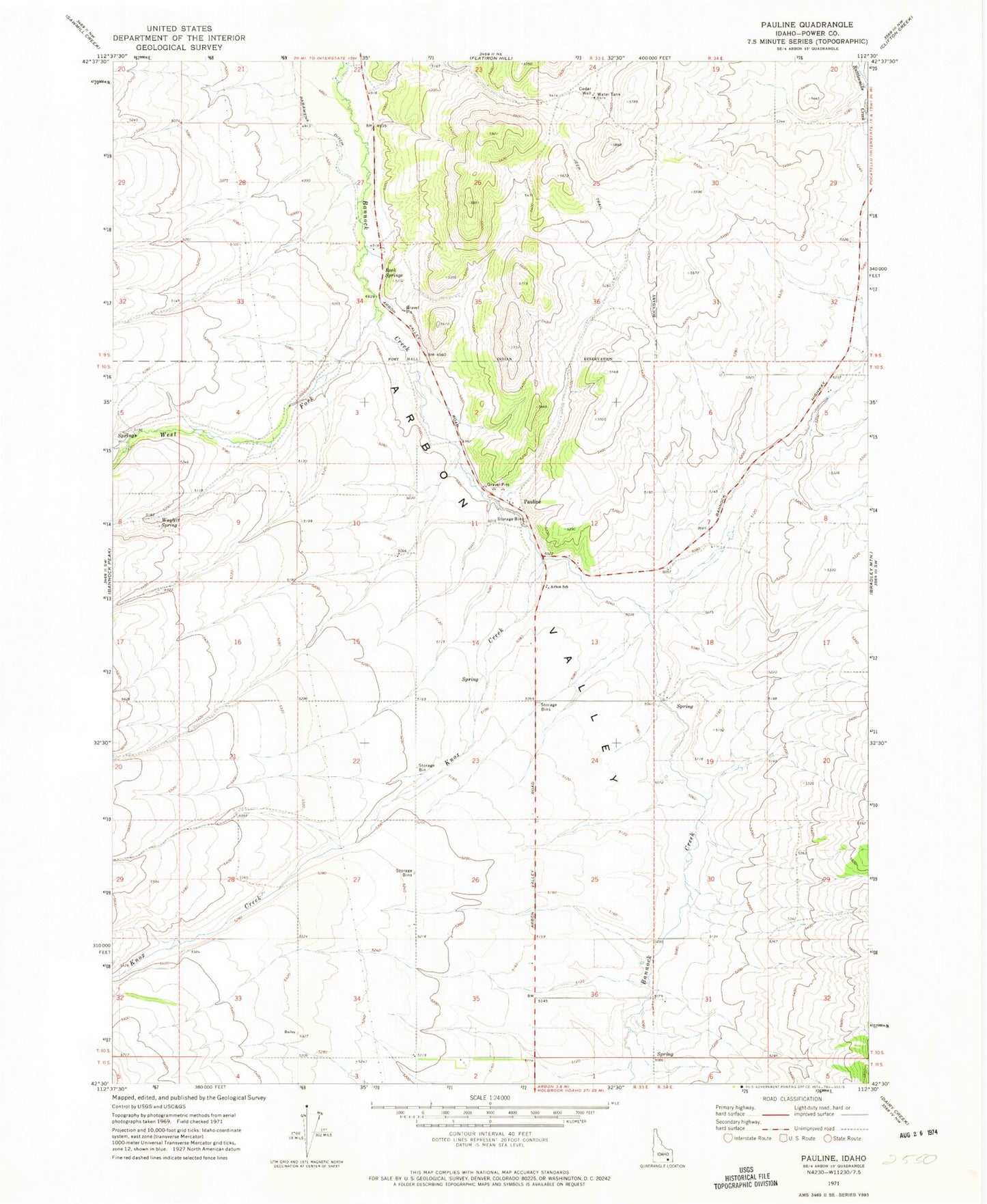 Classic USGS Pauline Idaho 7.5'x7.5' Topo Map Image