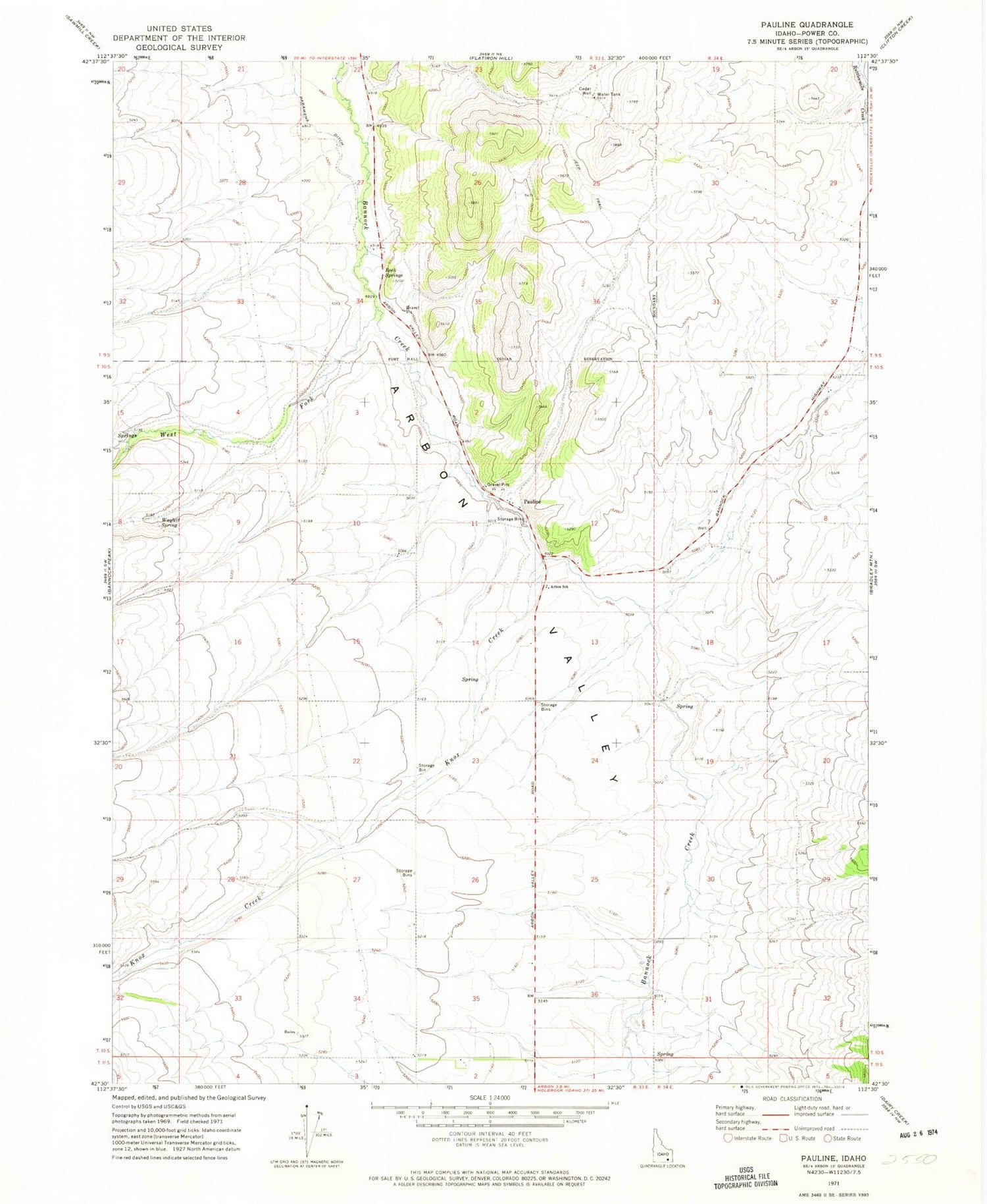 Classic USGS Pauline Idaho 7.5'x7.5' Topo Map Image
