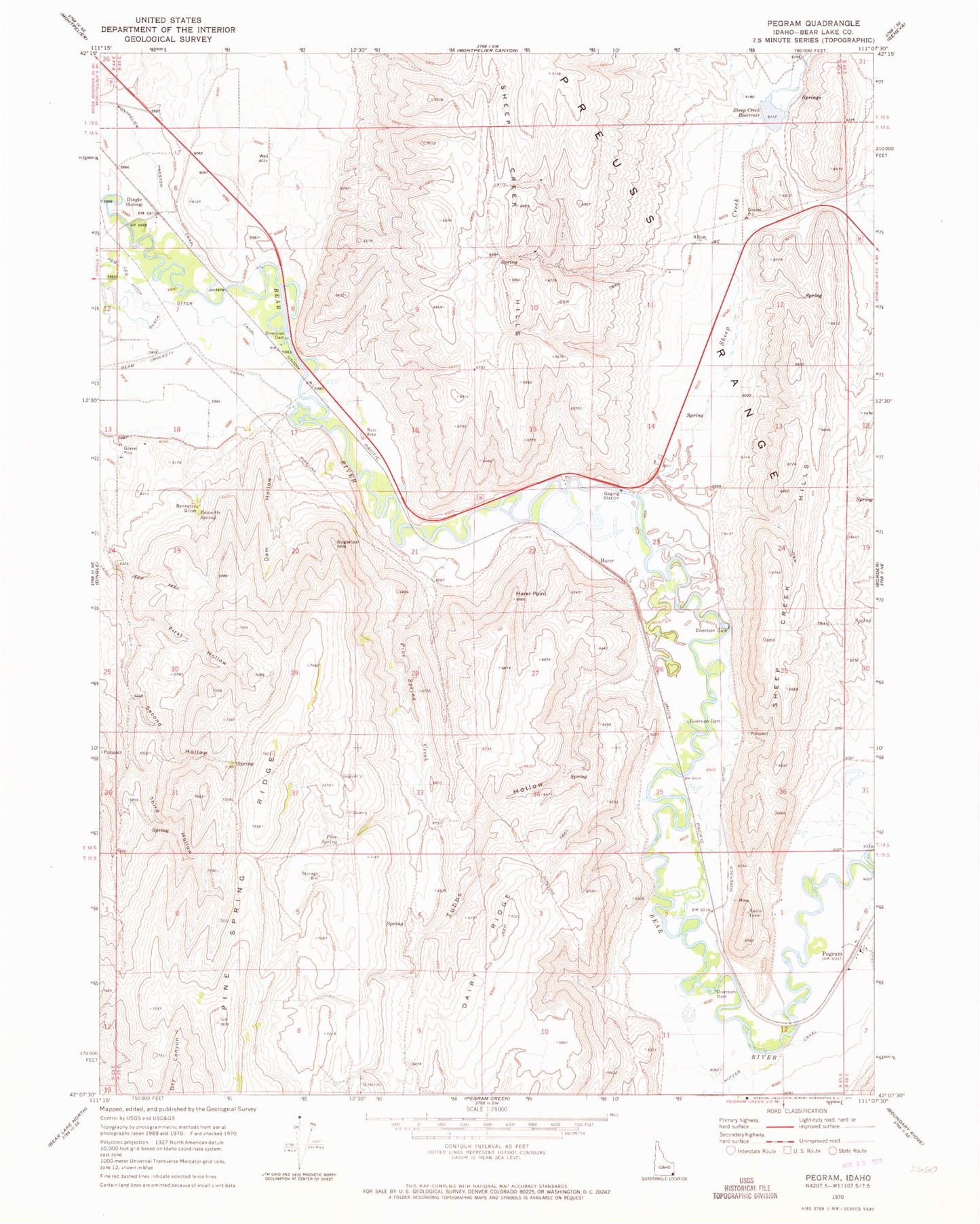 Classic USGS Pegram Idaho 7.5'x7.5' Topo Map Image