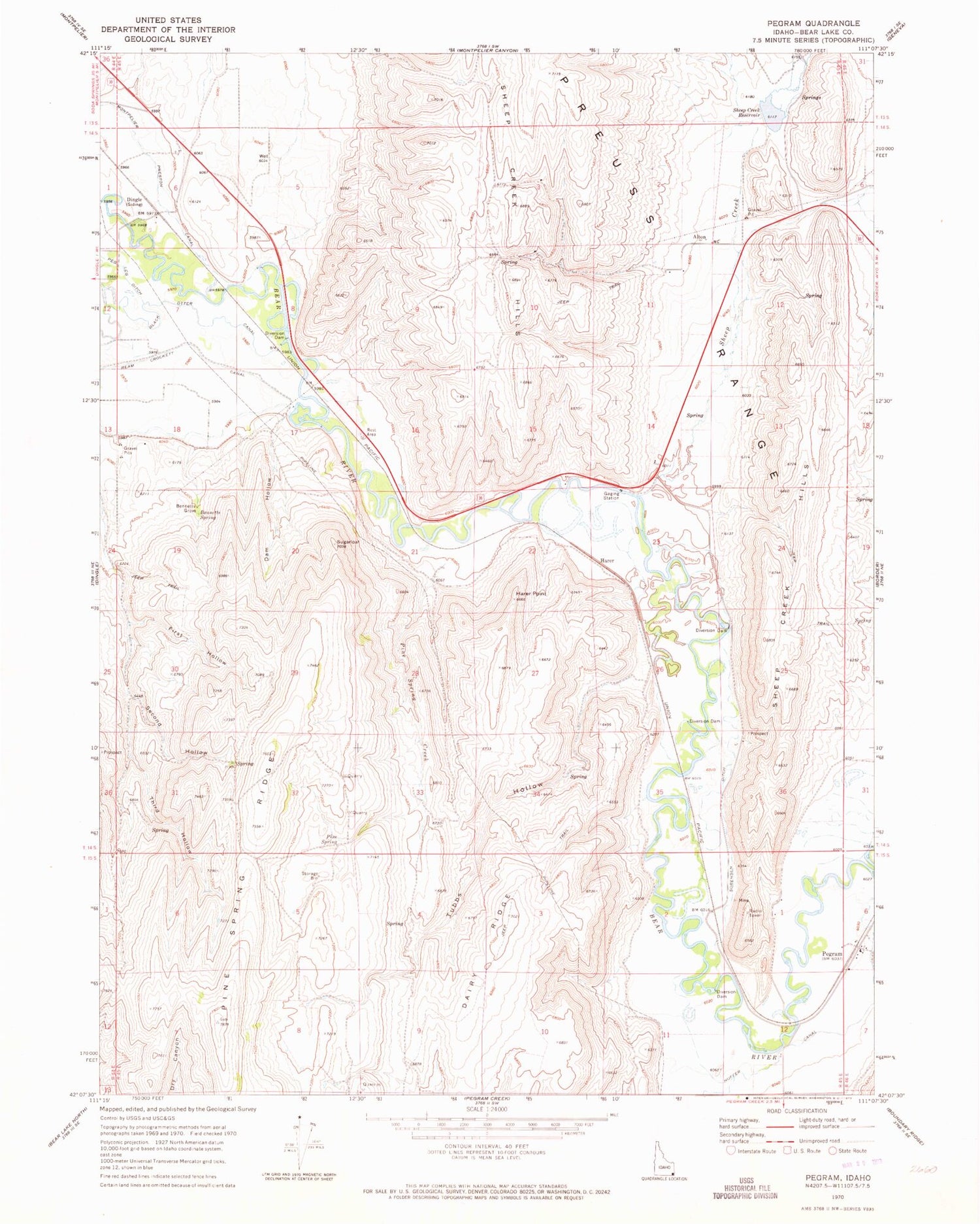 Classic USGS Pegram Idaho 7.5'x7.5' Topo Map Image