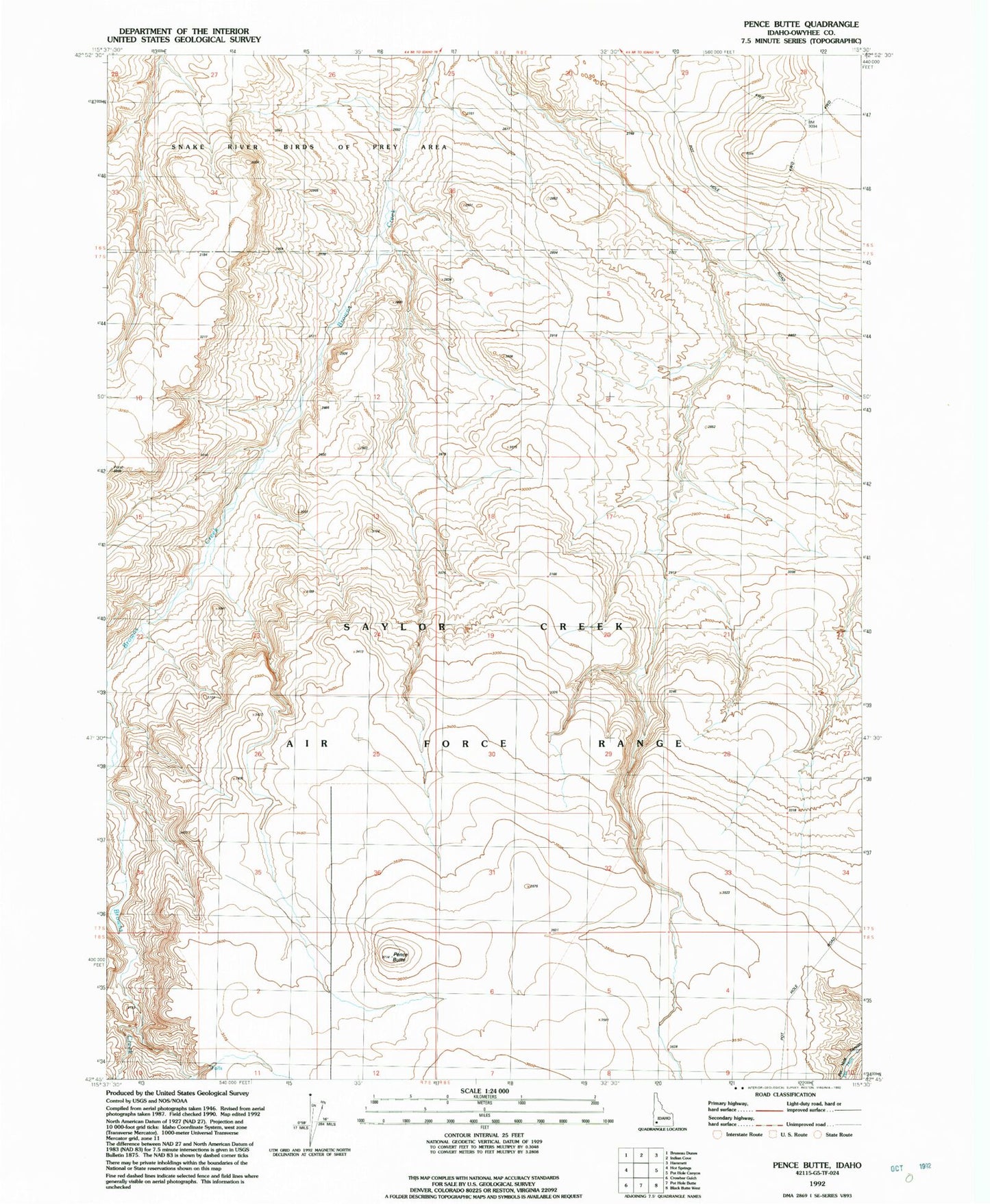 Classic USGS Pence Butte Idaho 7.5'x7.5' Topo Map Image