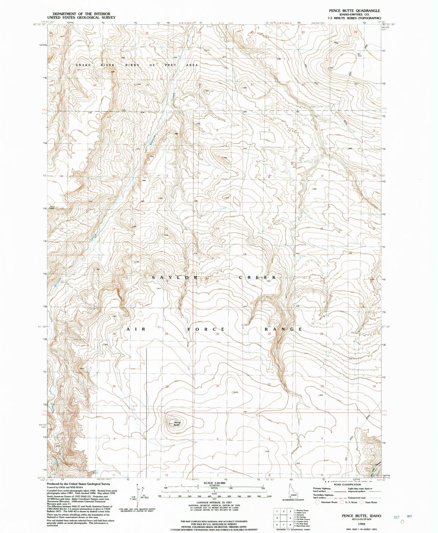 Classic USGS Pence Butte Idaho 7.5'x7.5' Topo Map Image