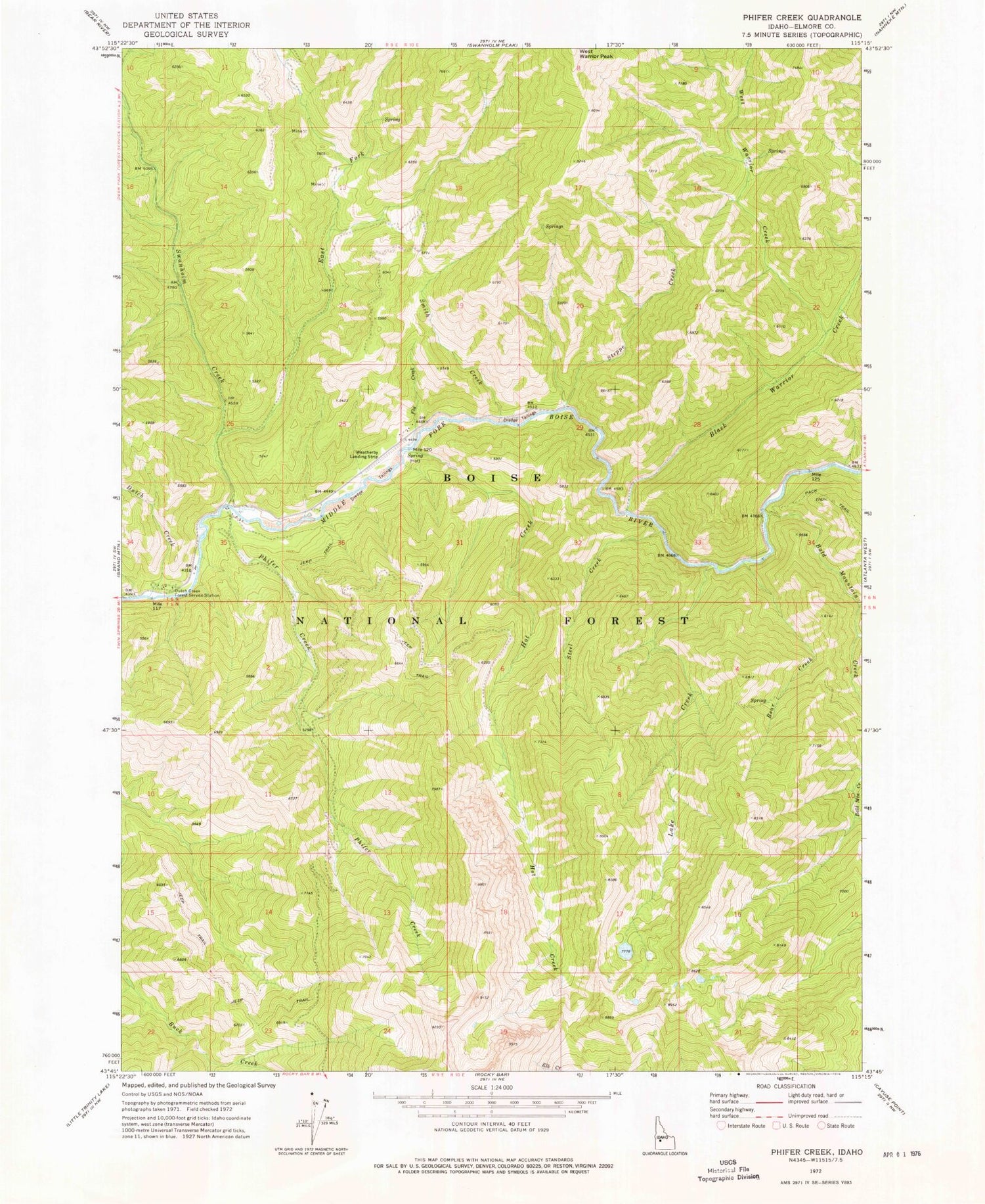 Classic USGS Phifer Creek Idaho 7.5'x7.5' Topo Map Image