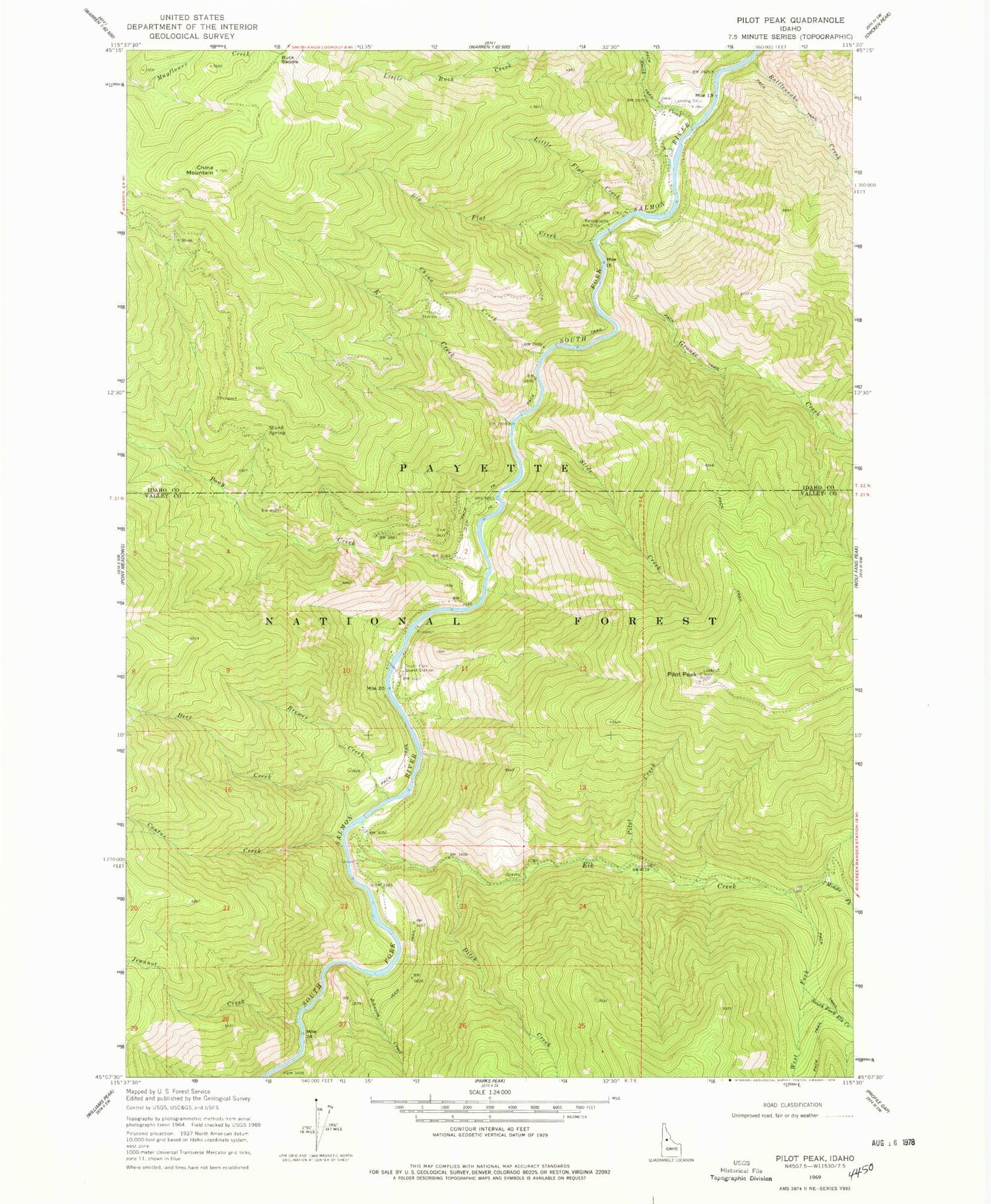 Classic USGS Pilot Peak Idaho 7.5'x7.5' Topo Map Image