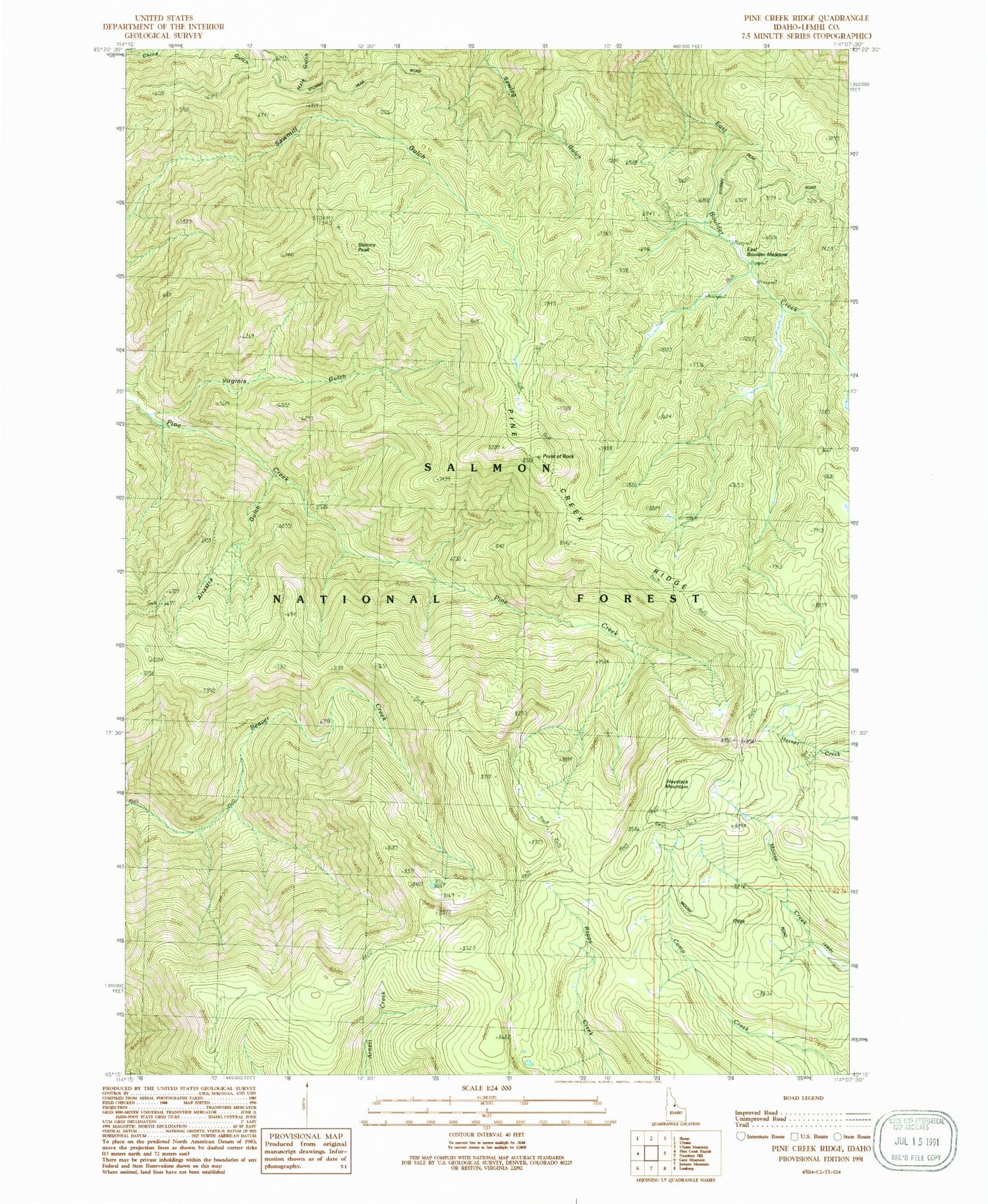 Classic USGS Pine Creek Ridge Idaho 7.5'x7.5' Topo Map Image