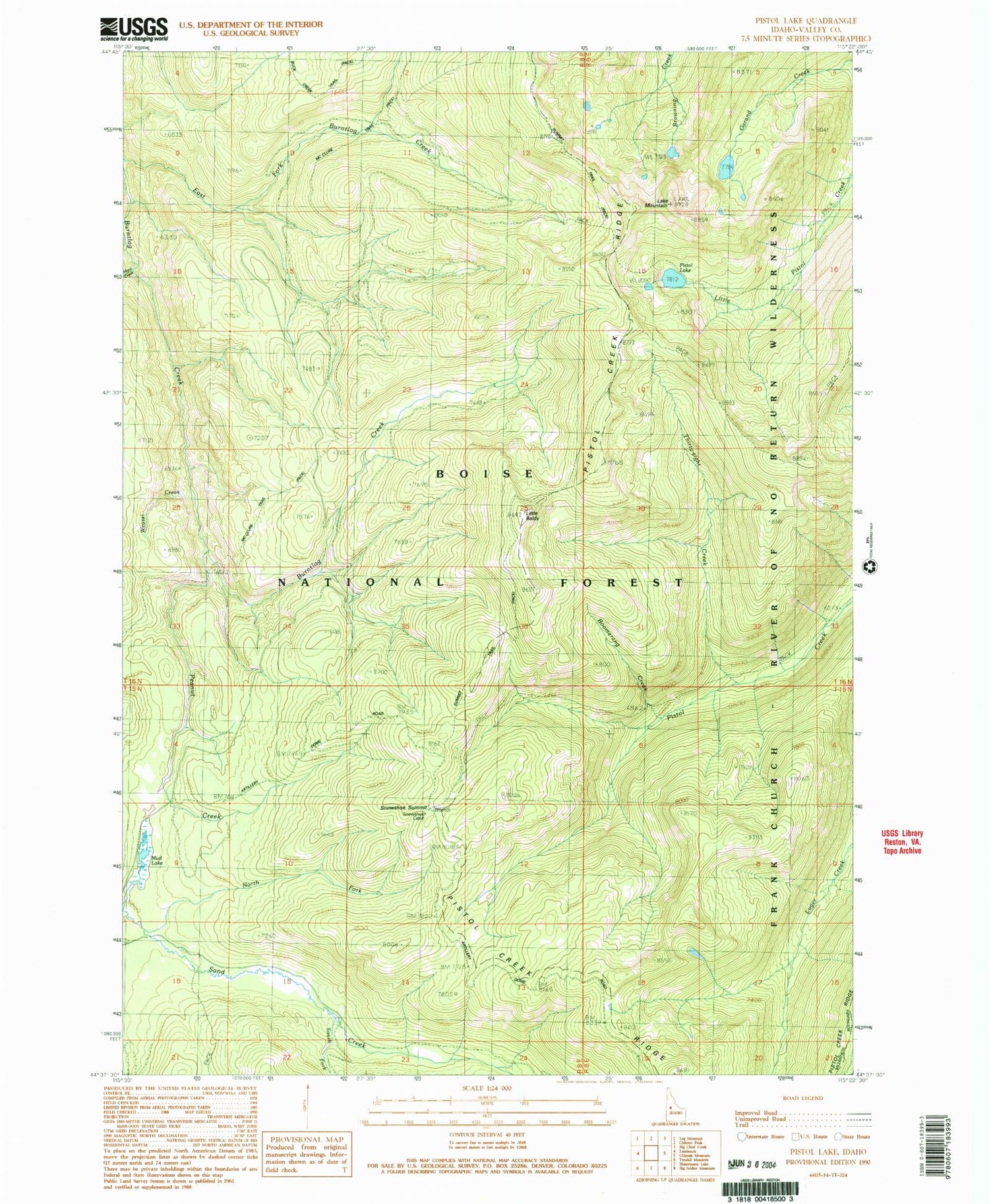 Classic USGS Pistol Lake Idaho 7.5'x7.5' Topo Map Image