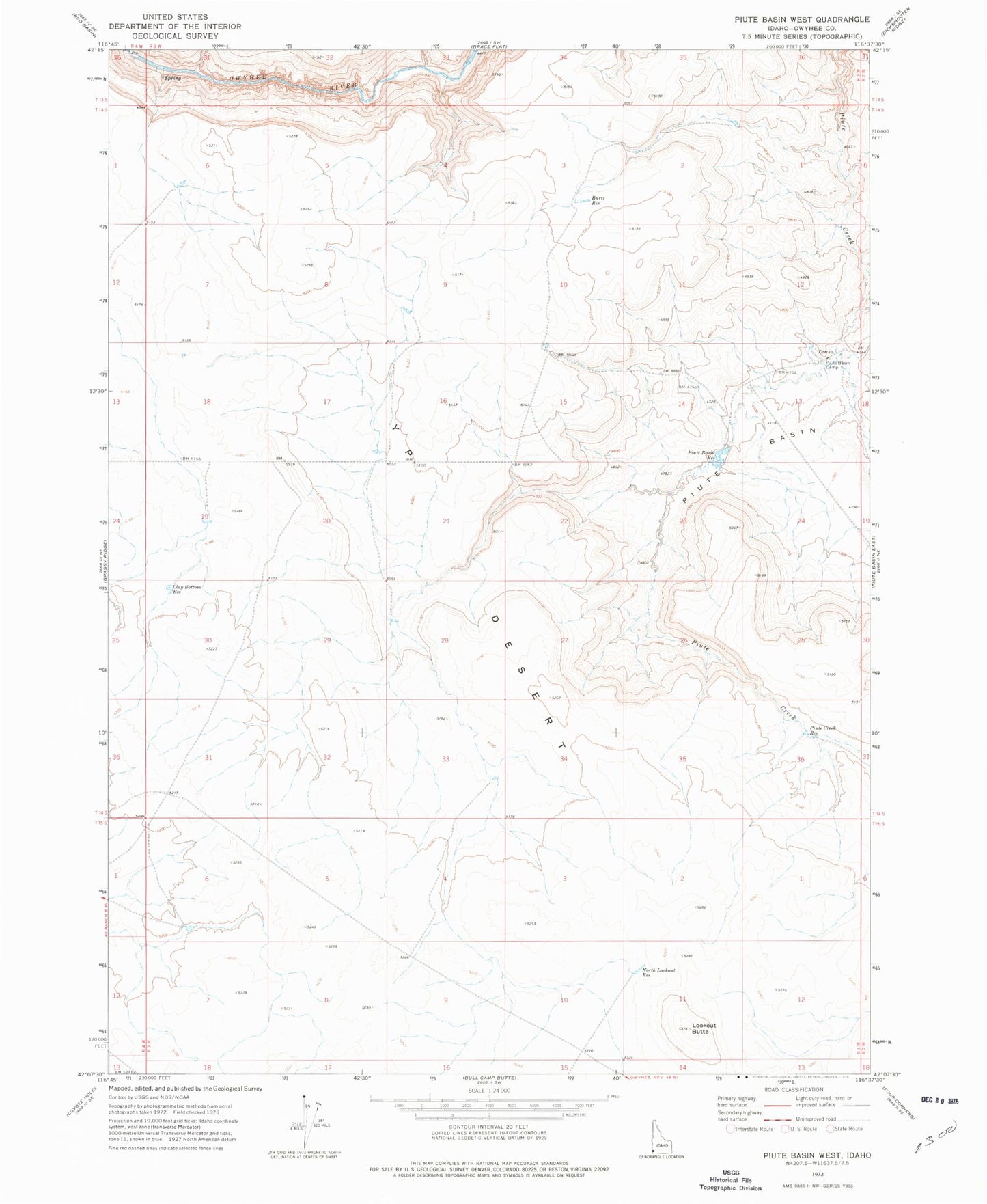 Classic USGS Piute Basin West Idaho 7.5'x7.5' Topo Map Image