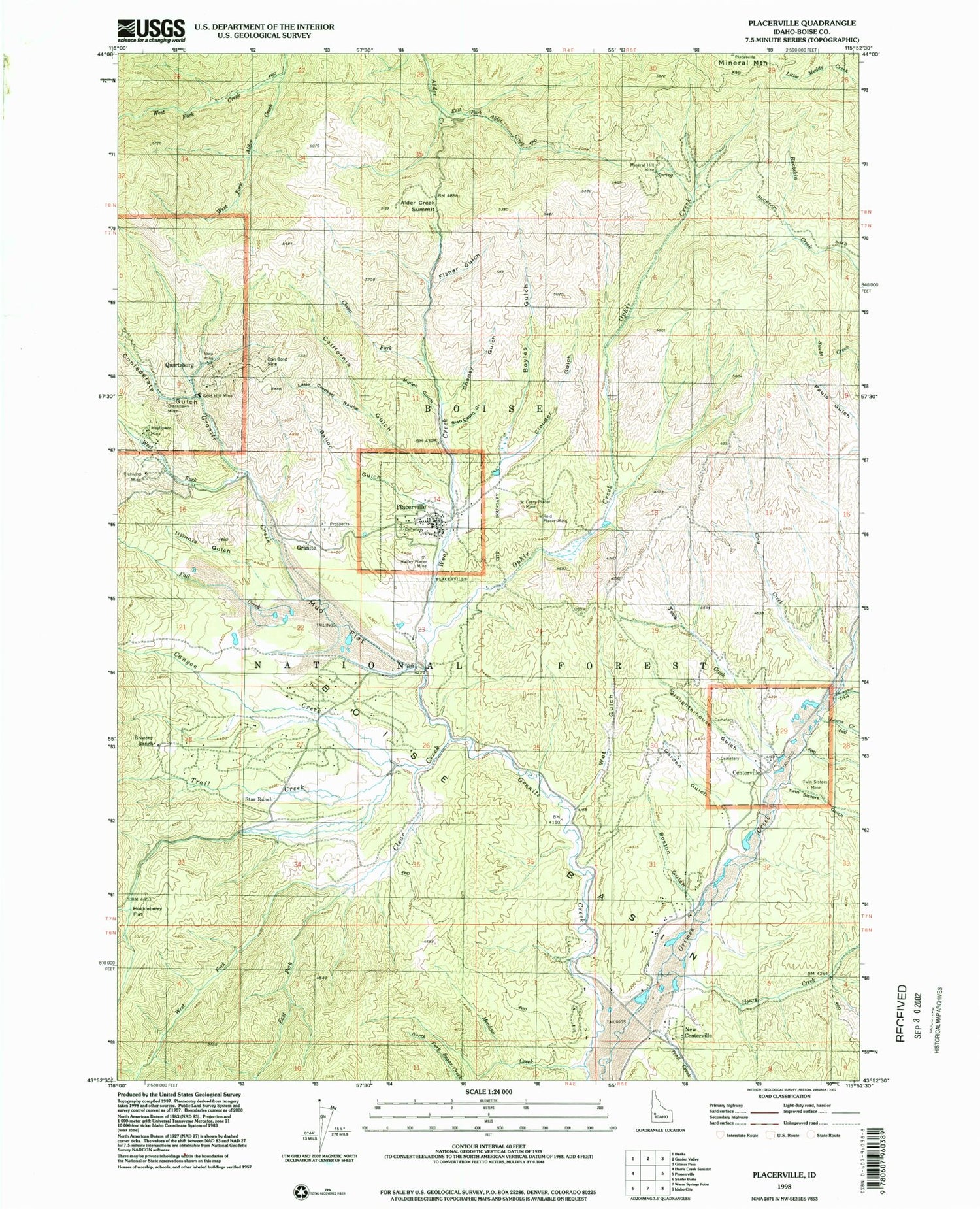 Classic USGS Placerville Idaho 7.5'x7.5' Topo Map Image