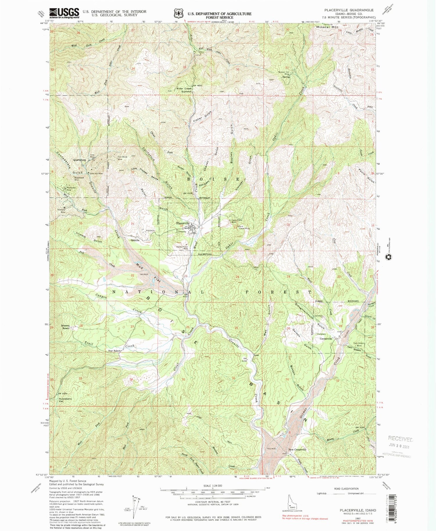 Classic USGS Placerville Idaho 7.5'x7.5' Topo Map Image