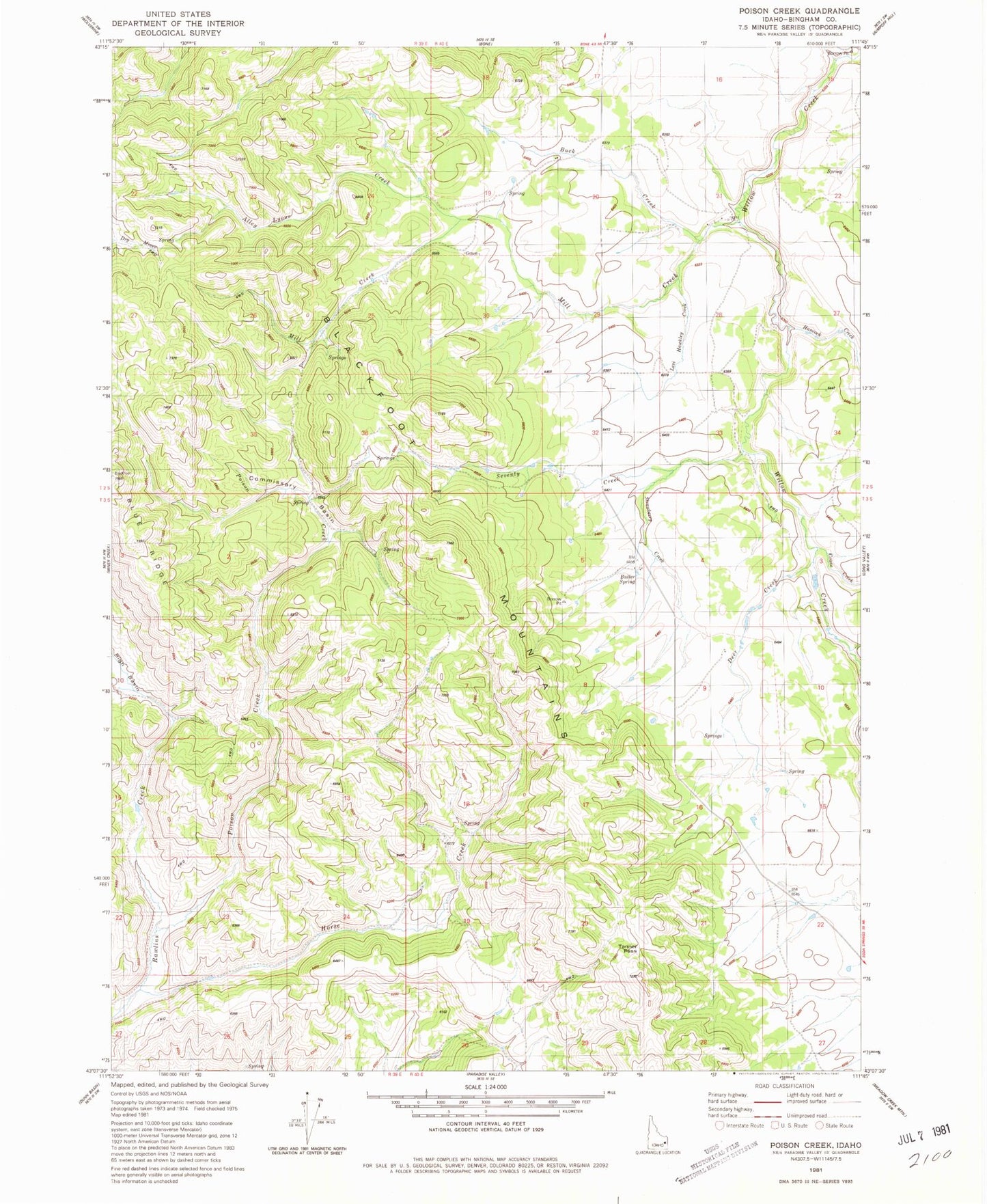 Classic USGS Poison Creek Idaho 7.5'x7.5' Topo Map Image