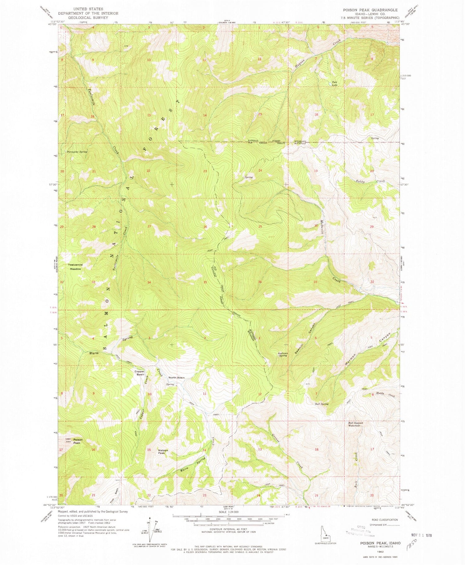 Classic USGS Poison Peak Idaho 7.5'x7.5' Topo Map Image