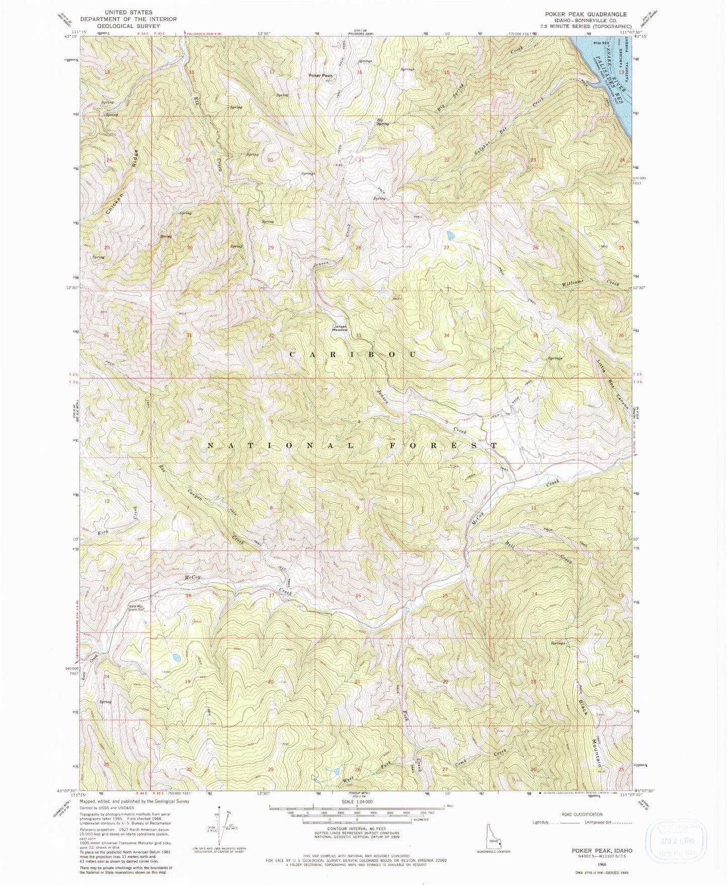 Classic USGS Poker Peak Idaho 7.5'x7.5' Topo Map Image