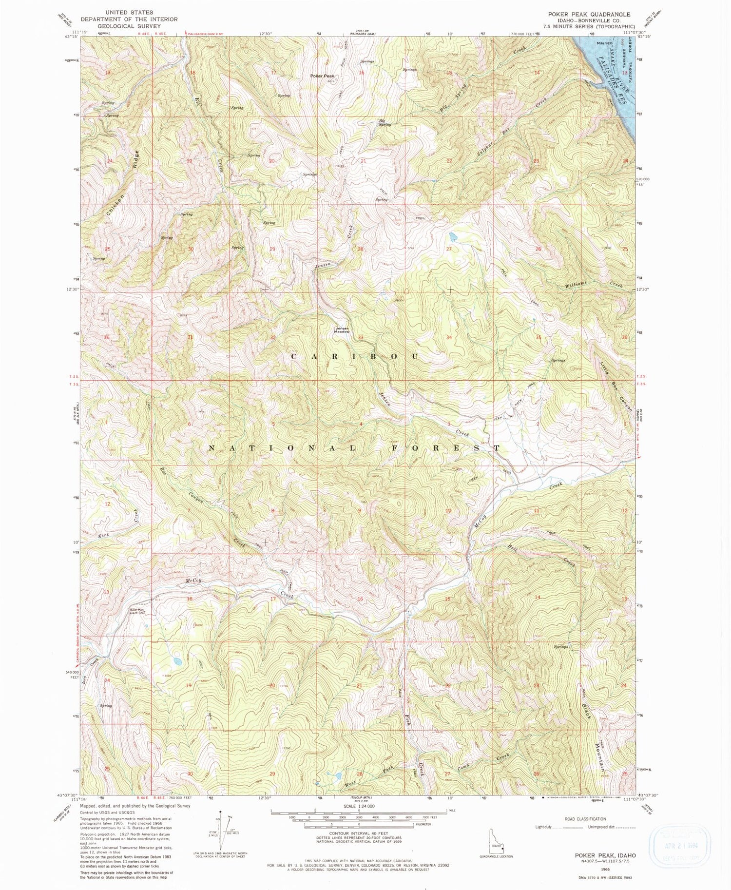 Classic USGS Poker Peak Idaho 7.5'x7.5' Topo Map Image