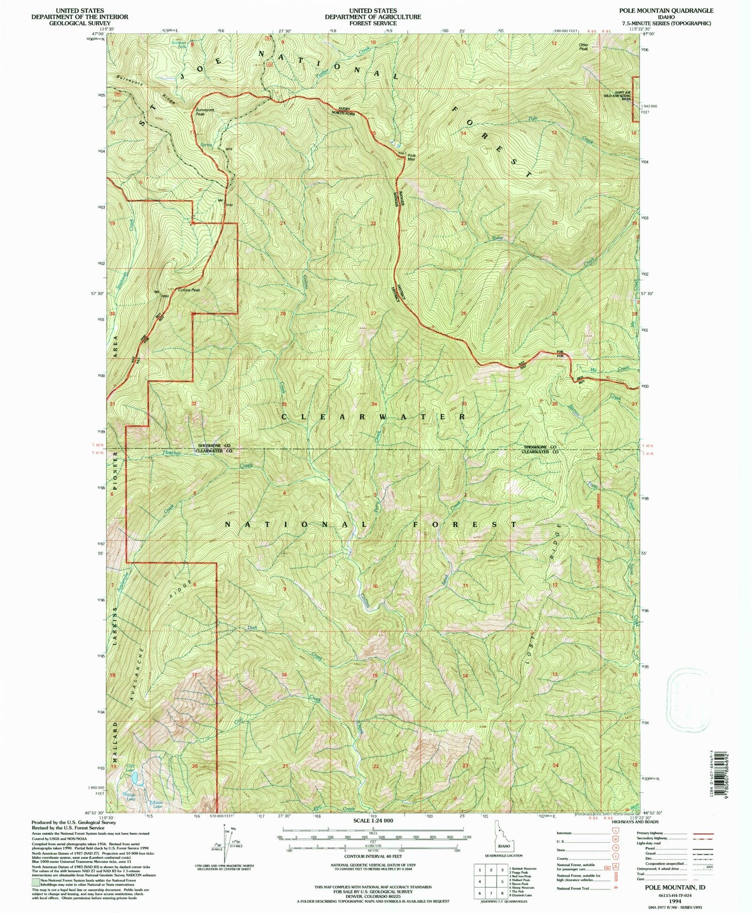 Classic USGS Pole Mountain Idaho 7.5'x7.5' Topo Map Image