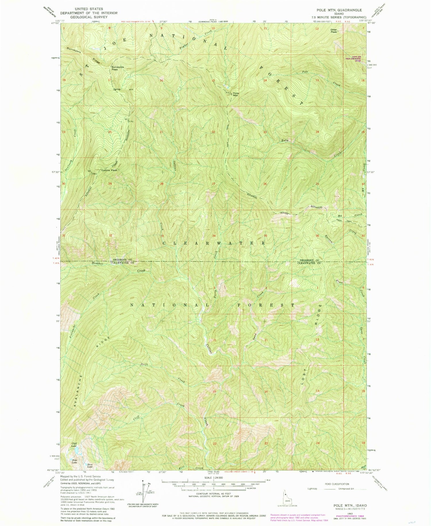 Classic USGS Pole Mountain Idaho 7.5'x7.5' Topo Map Image