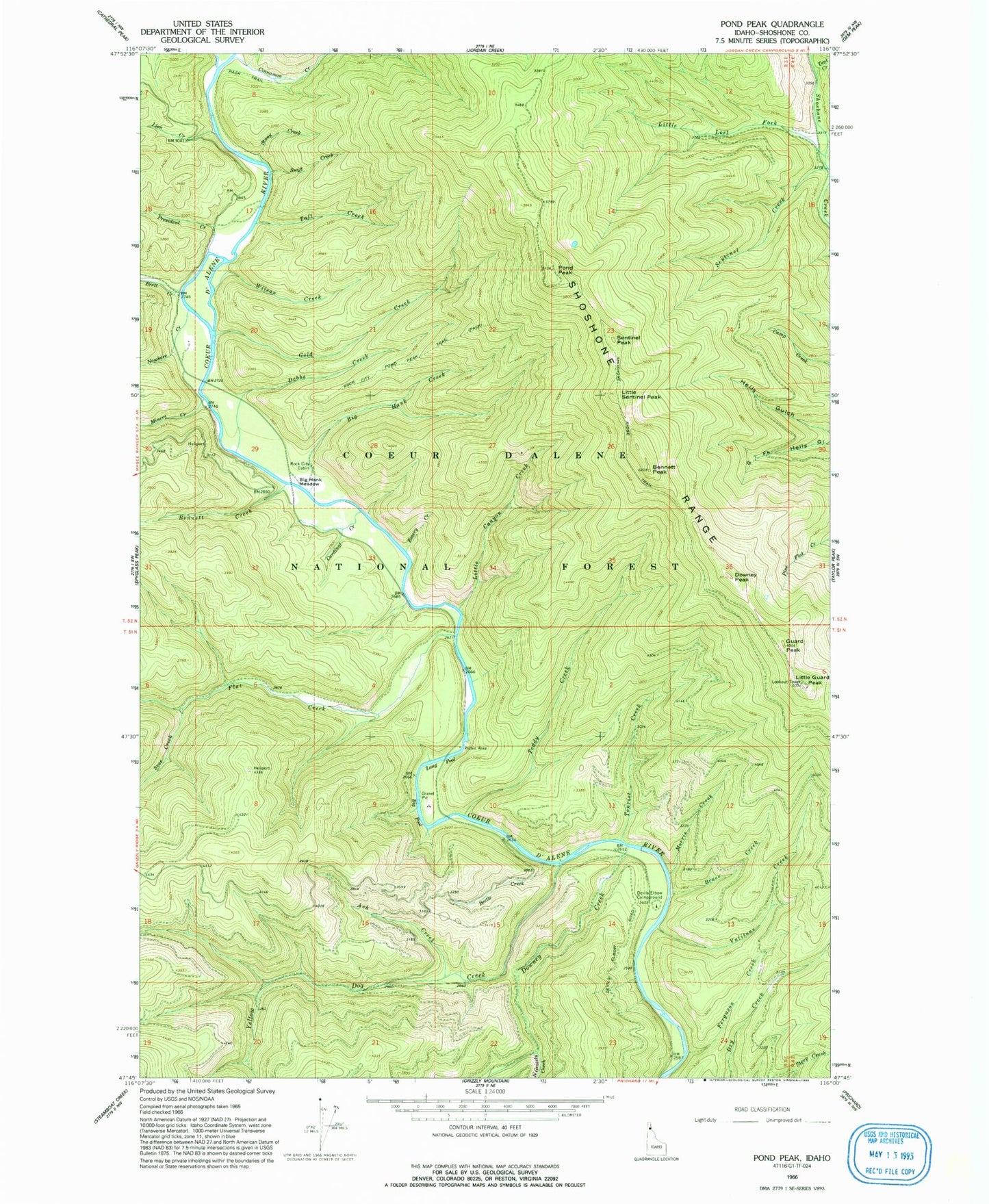 Classic USGS Pond Peak Idaho 7.5'x7.5' Topo Map Image