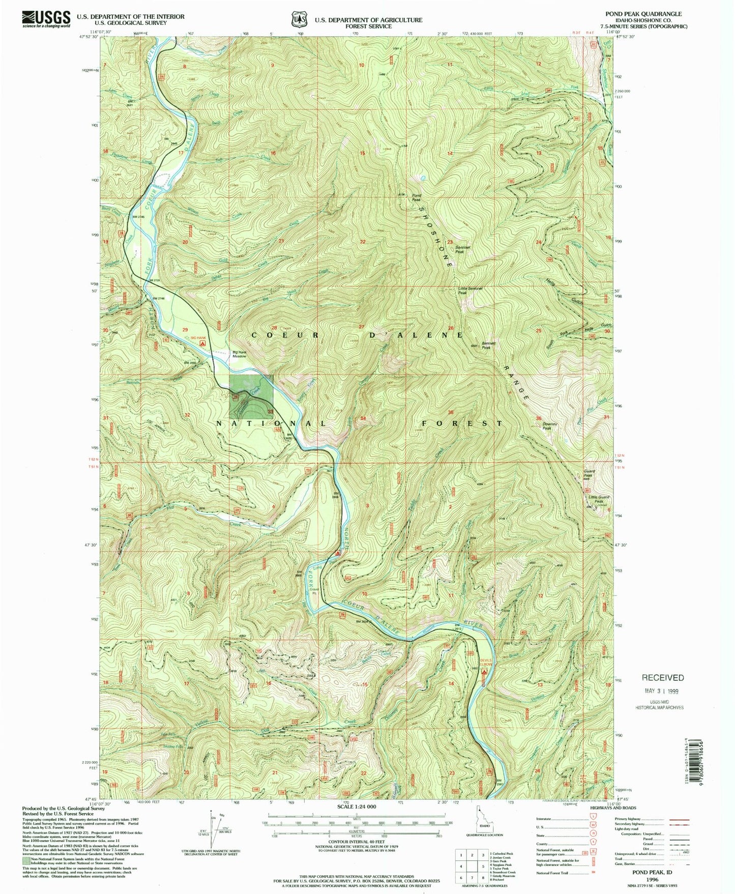 Classic USGS Pond Peak Idaho 7.5'x7.5' Topo Map Image