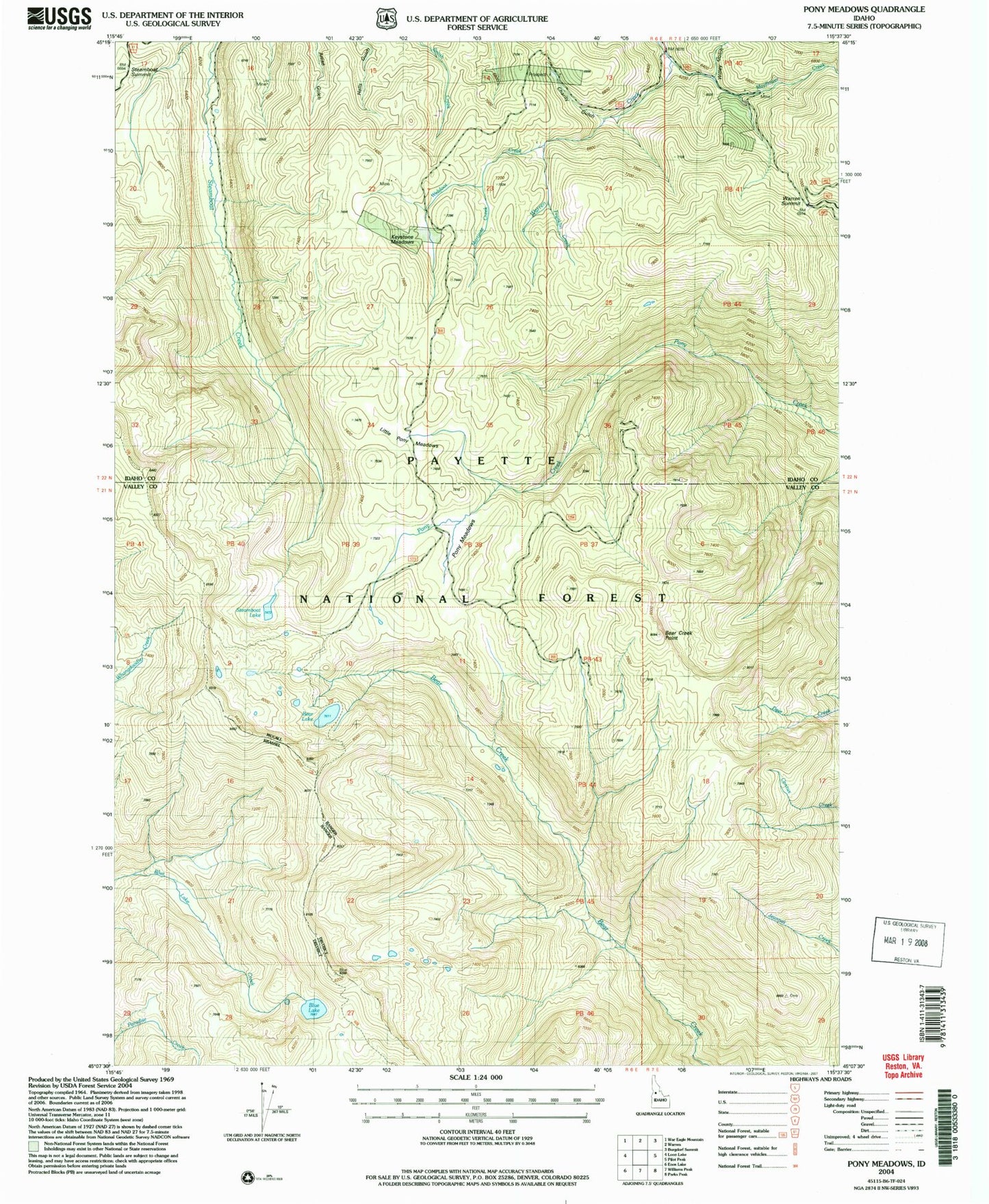 Classic USGS Pony Meadows Idaho 7.5'x7.5' Topo Map Image
