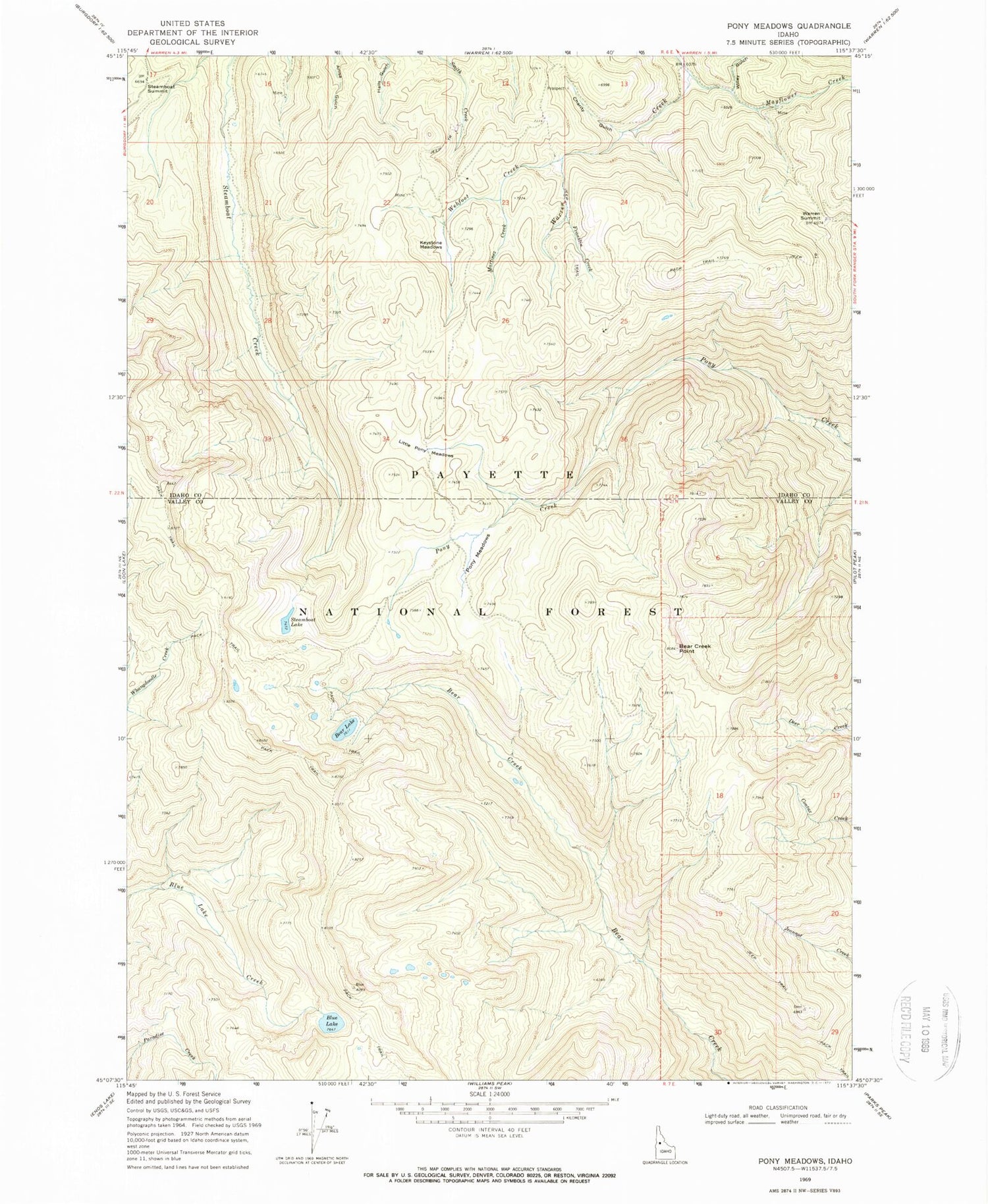 Classic USGS Pony Meadows Idaho 7.5'x7.5' Topo Map Image