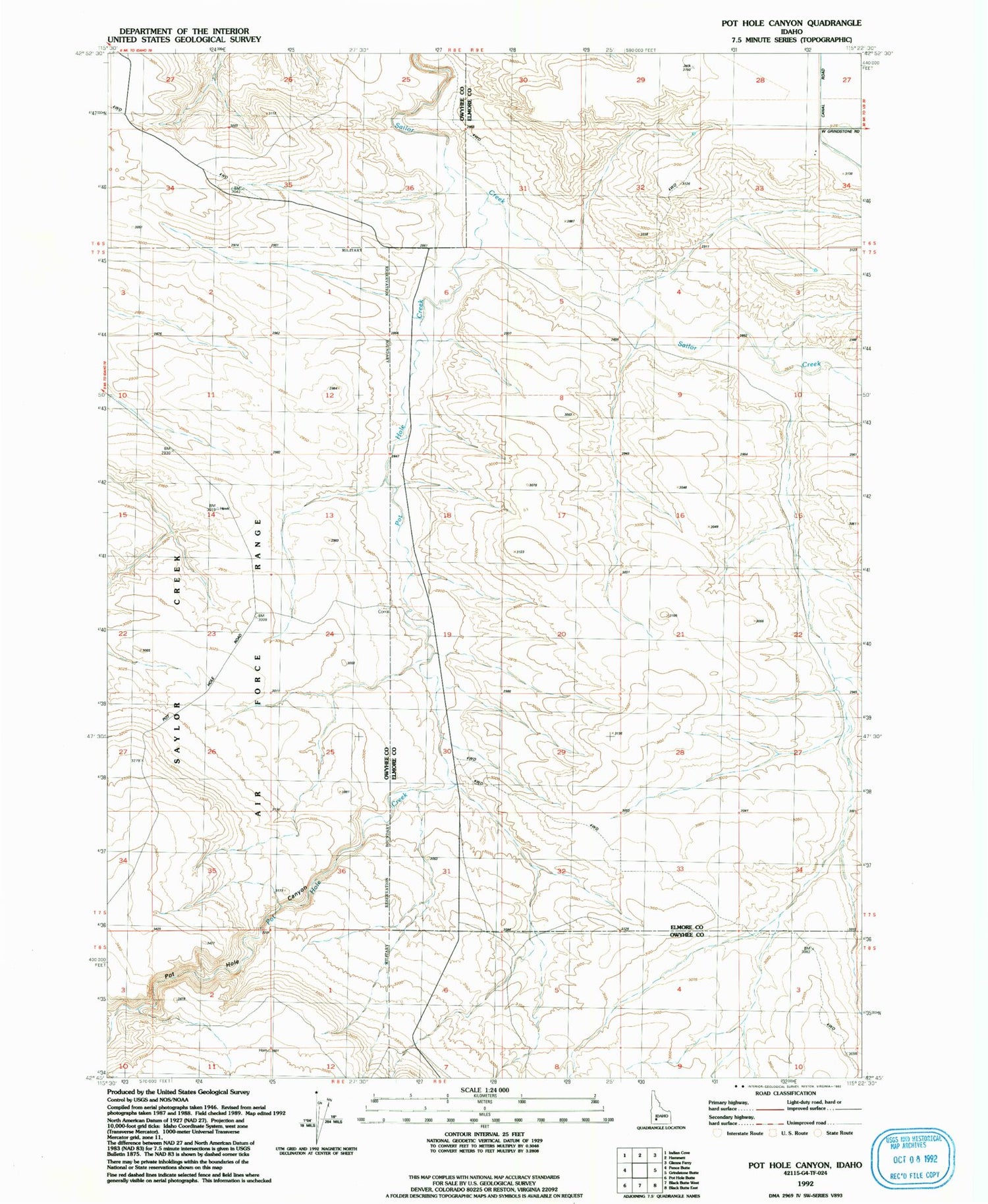 Classic USGS Pot Hole Canyon Idaho 7.5'x7.5' Topo Map Image