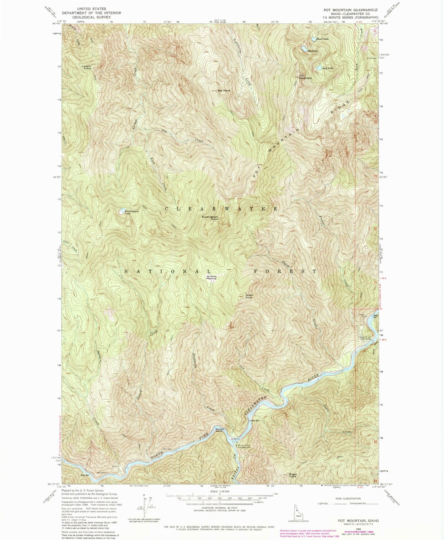 Classic USGS Pot Mountain Idaho 7.5'x7.5' Topo Map Image