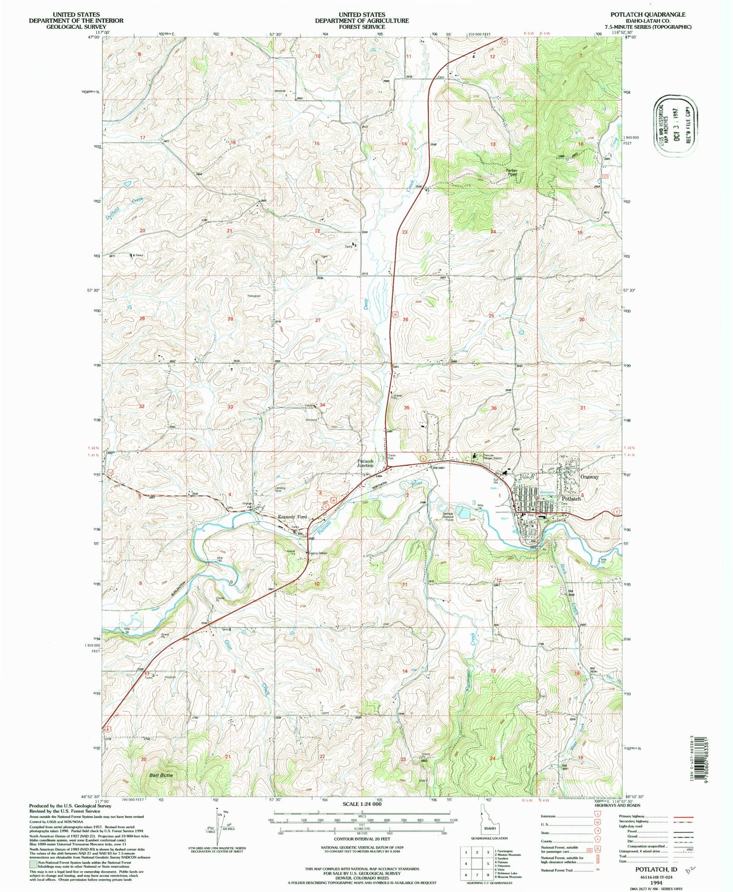 Classic USGS Potlatch Idaho 7.5'x7.5' Topo Map Image