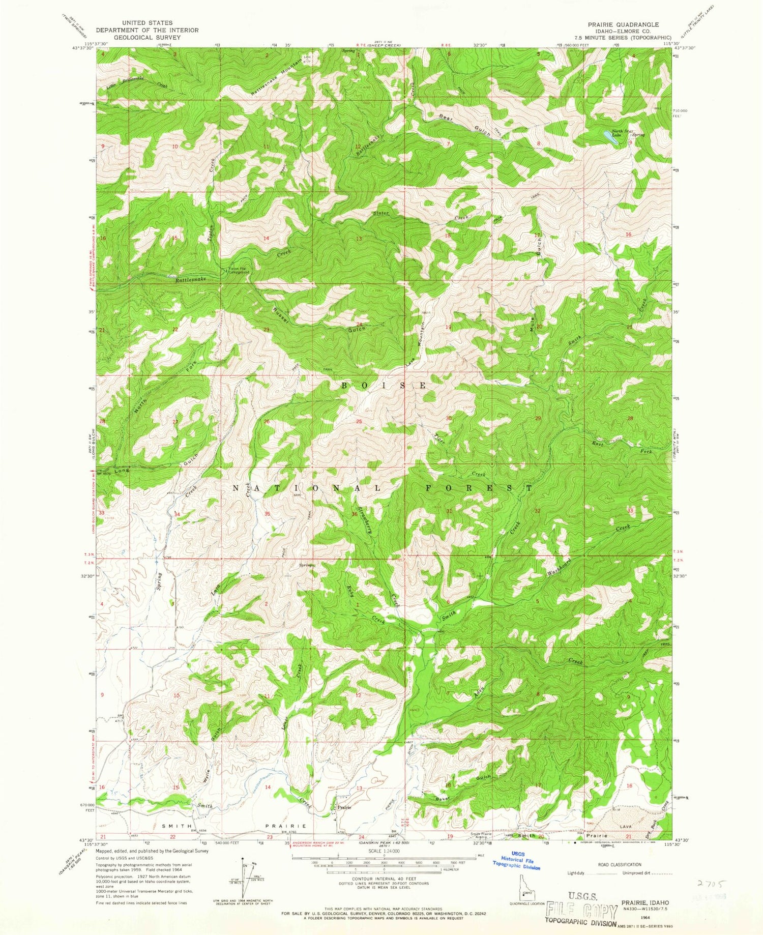 Classic USGS Prairie Idaho 7.5'x7.5' Topo Map Image