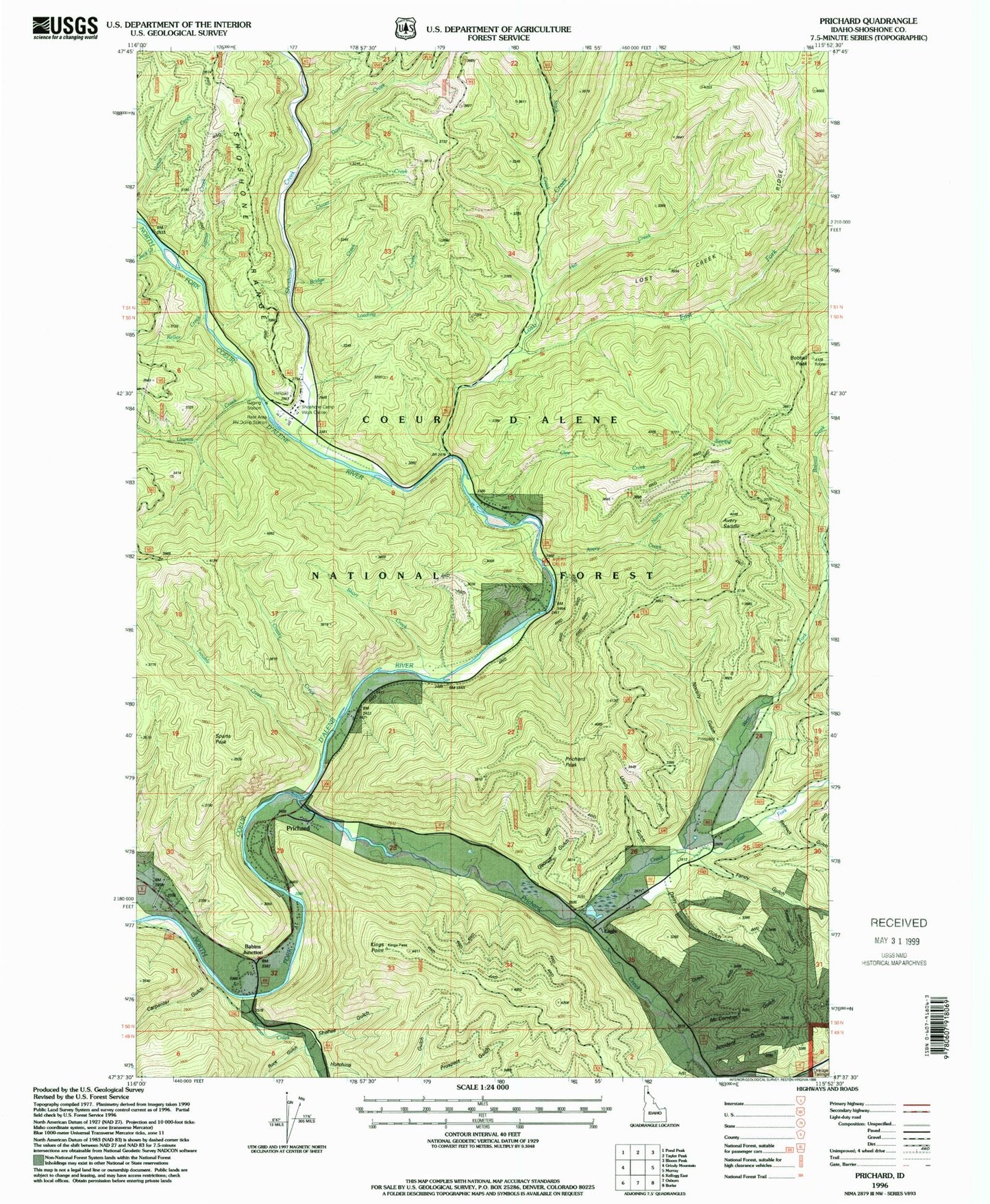 Classic USGS Prichard Idaho 7.5'x7.5' Topo Map Image