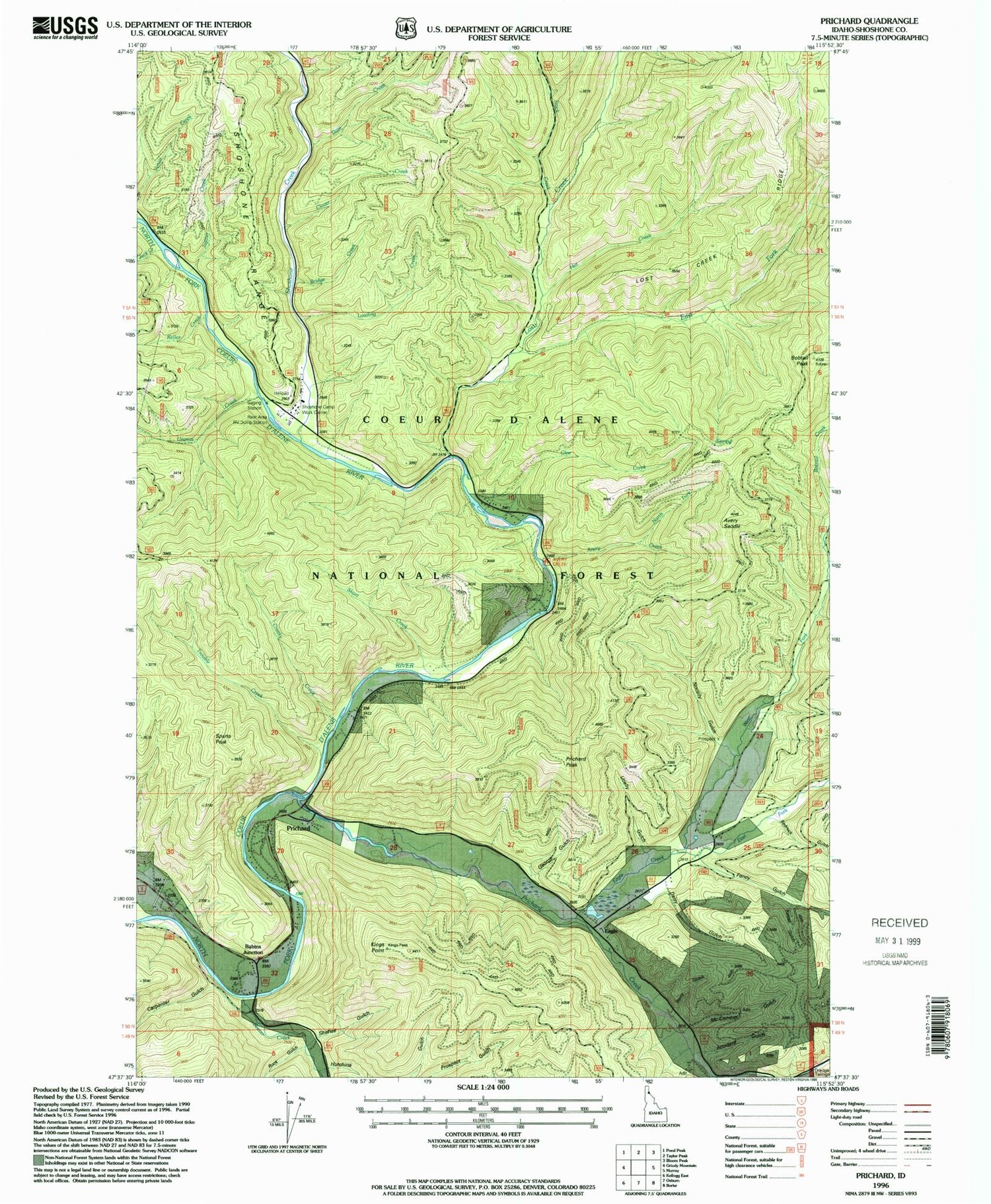 Classic USGS Prichard Idaho 7.5'x7.5' Topo Map Image