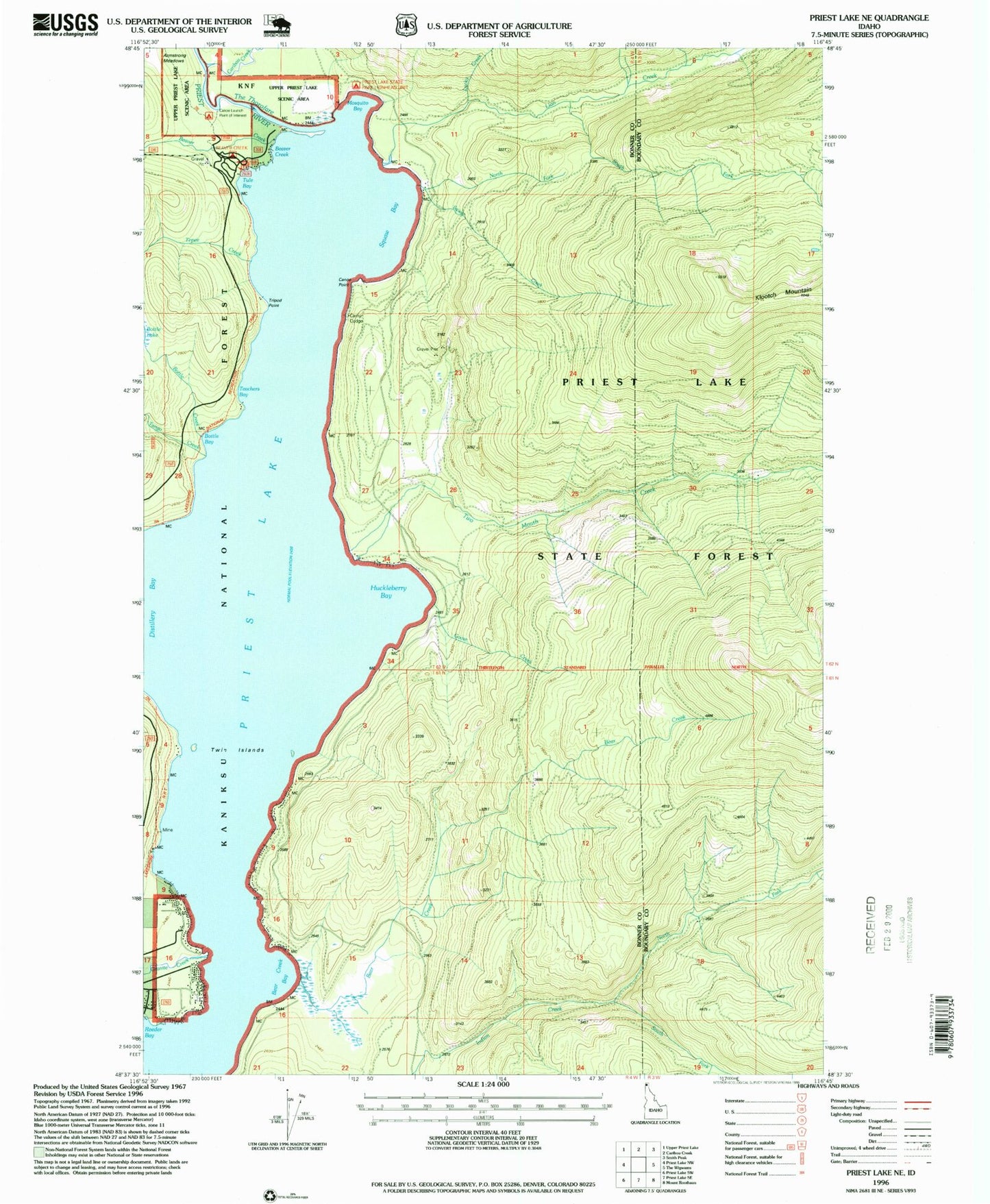 Classic USGS Priest Lake NE Idaho 7.5'x7.5' Topo Map Image