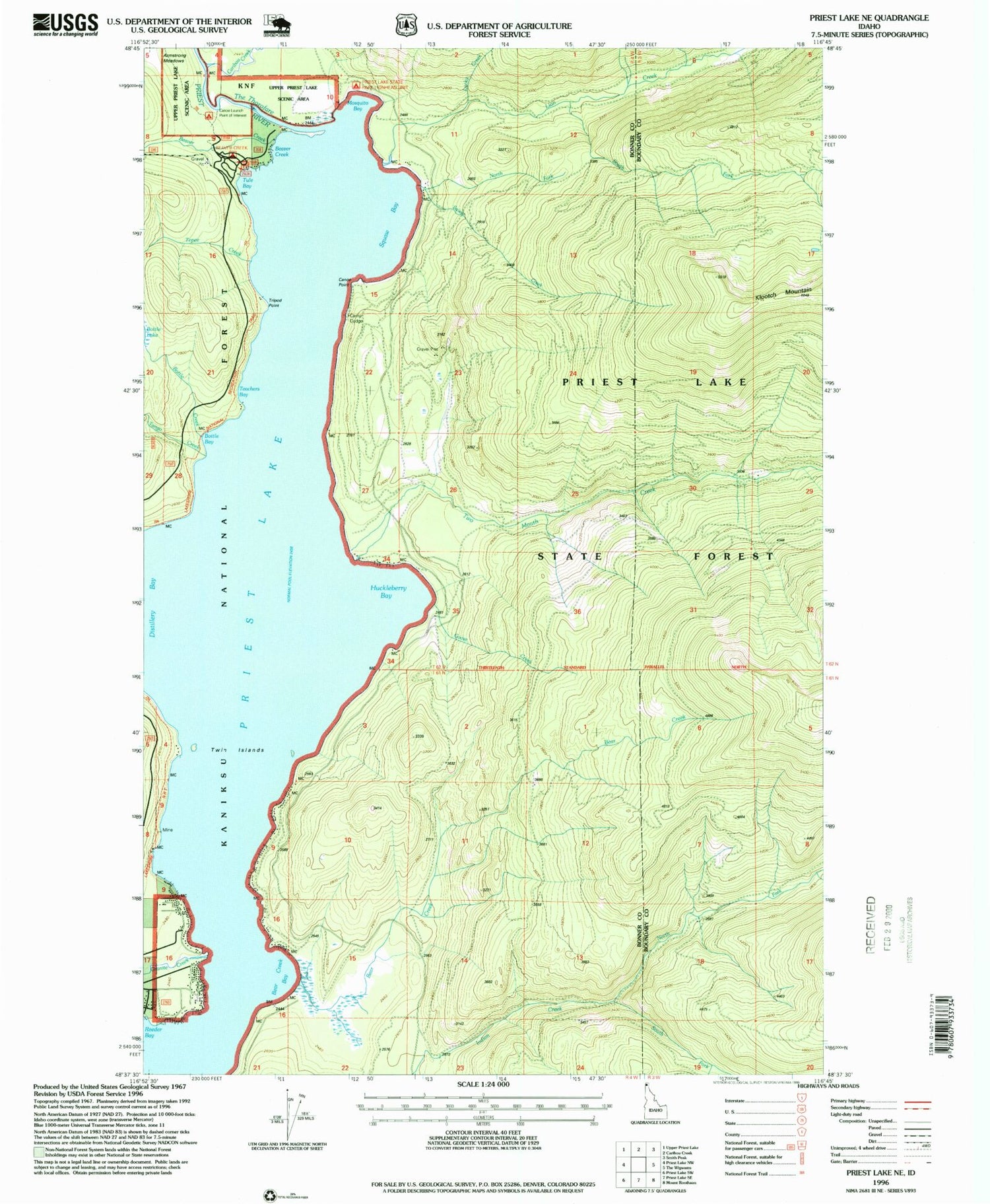 Classic USGS Priest Lake NE Idaho 7.5'x7.5' Topo Map Image