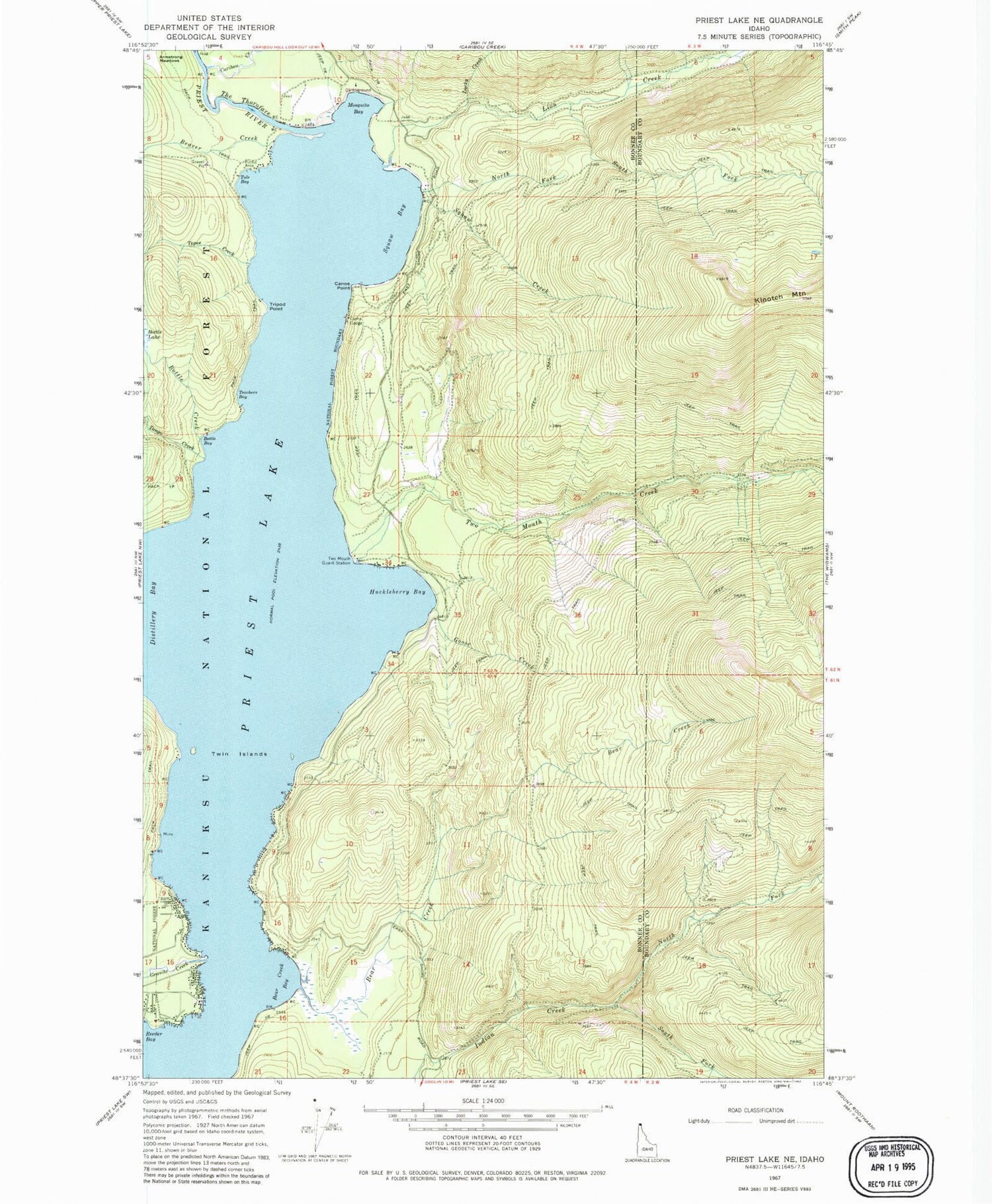 Classic USGS Priest Lake NE Idaho 7.5'x7.5' Topo Map Image