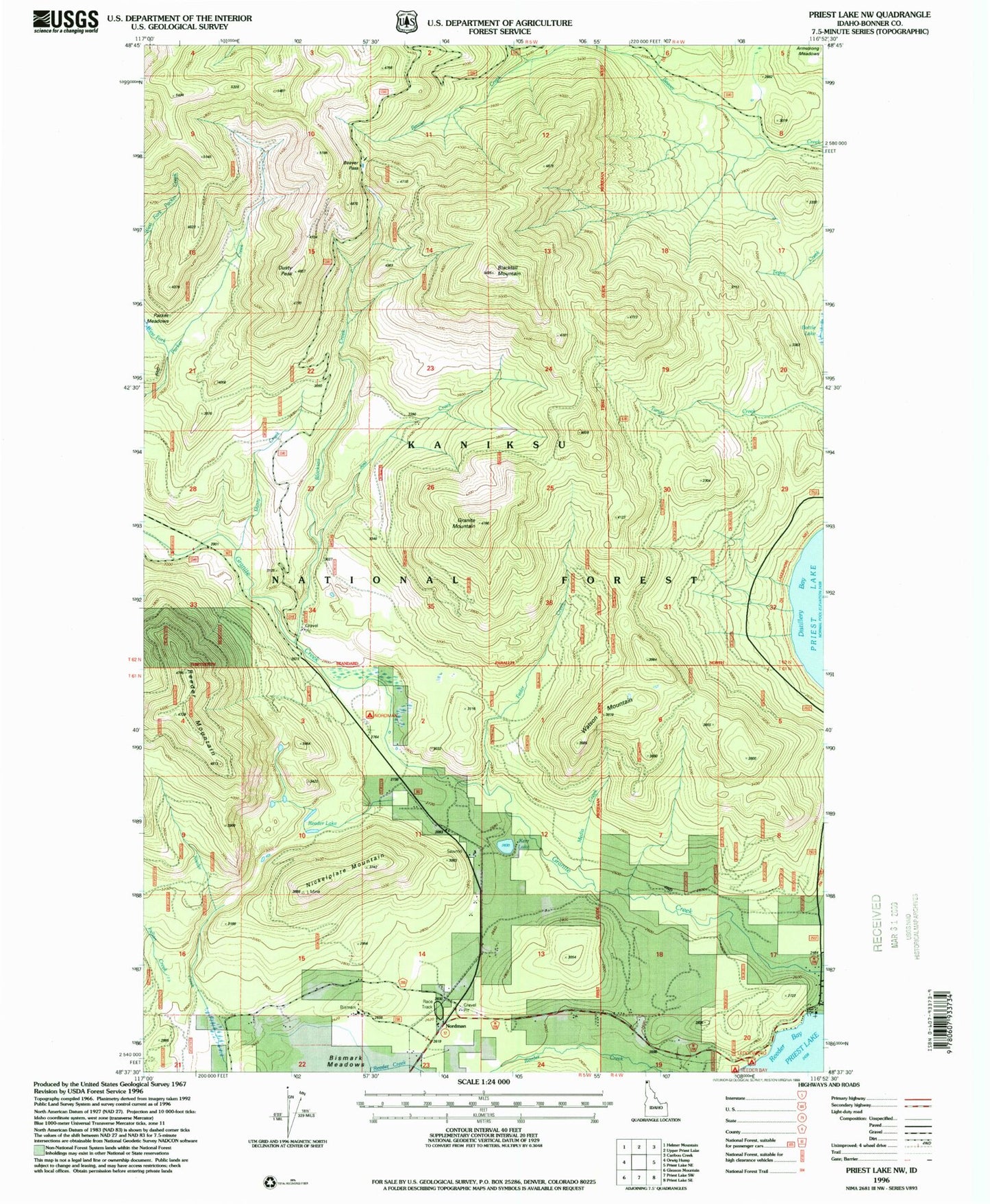 Classic USGS Priest Lake NW Idaho 7.5'x7.5' Topo Map Image