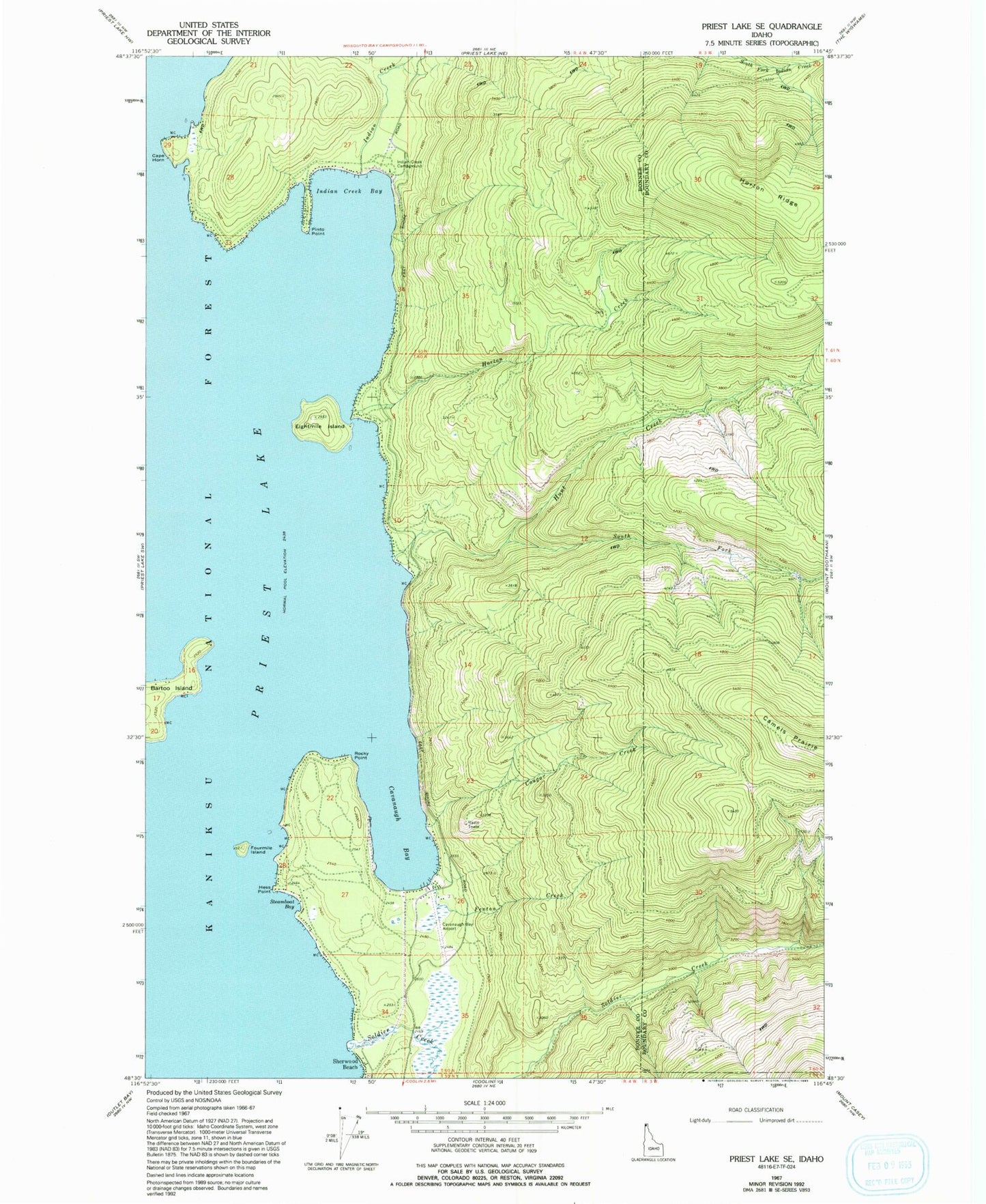 Classic USGS Priest Lake SE Idaho 7.5'x7.5' Topo Map Image