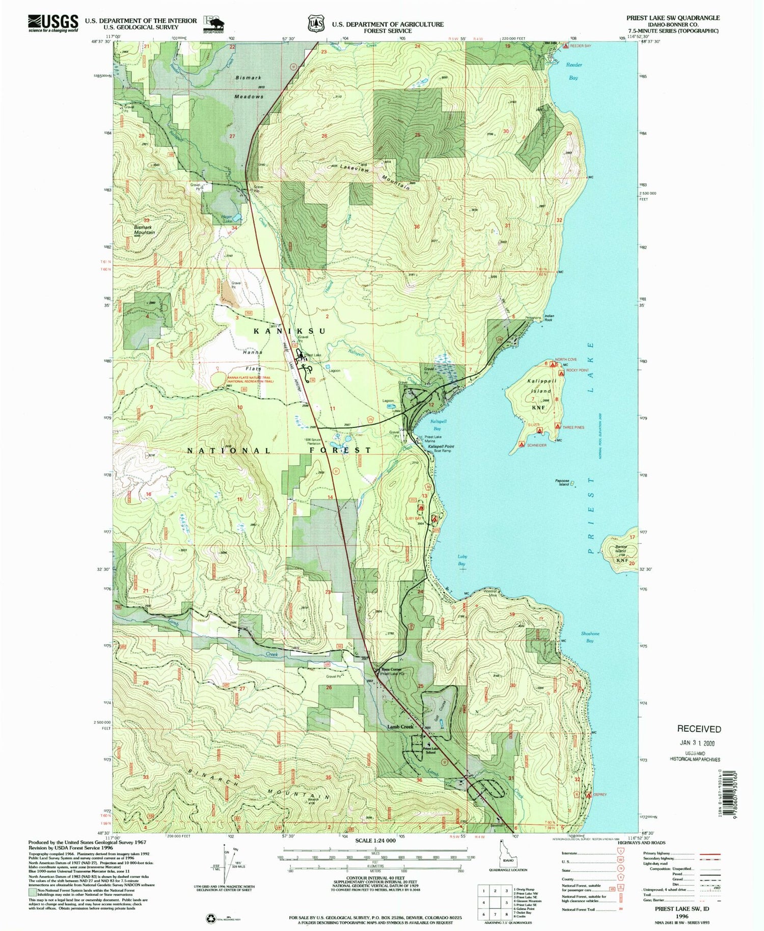 Classic USGS Priest Lake SW Idaho 7.5'x7.5' Topo Map Image