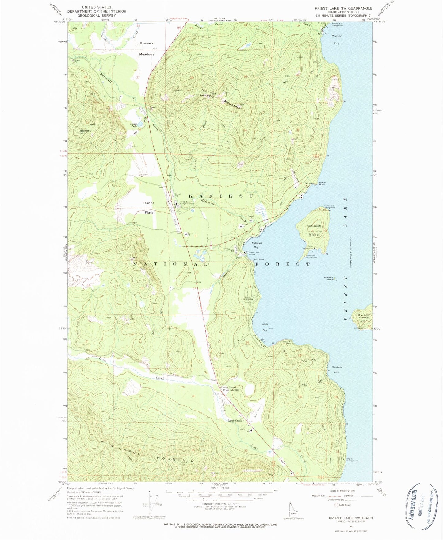 Classic USGS Priest Lake SW Idaho 7.5'x7.5' Topo Map Image