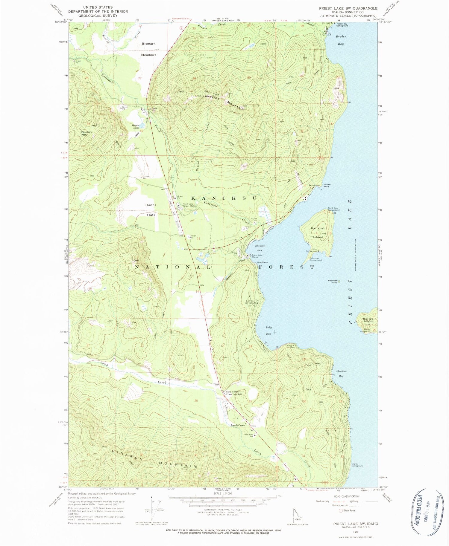 Classic USGS Priest Lake SW Idaho 7.5'x7.5' Topo Map Image
