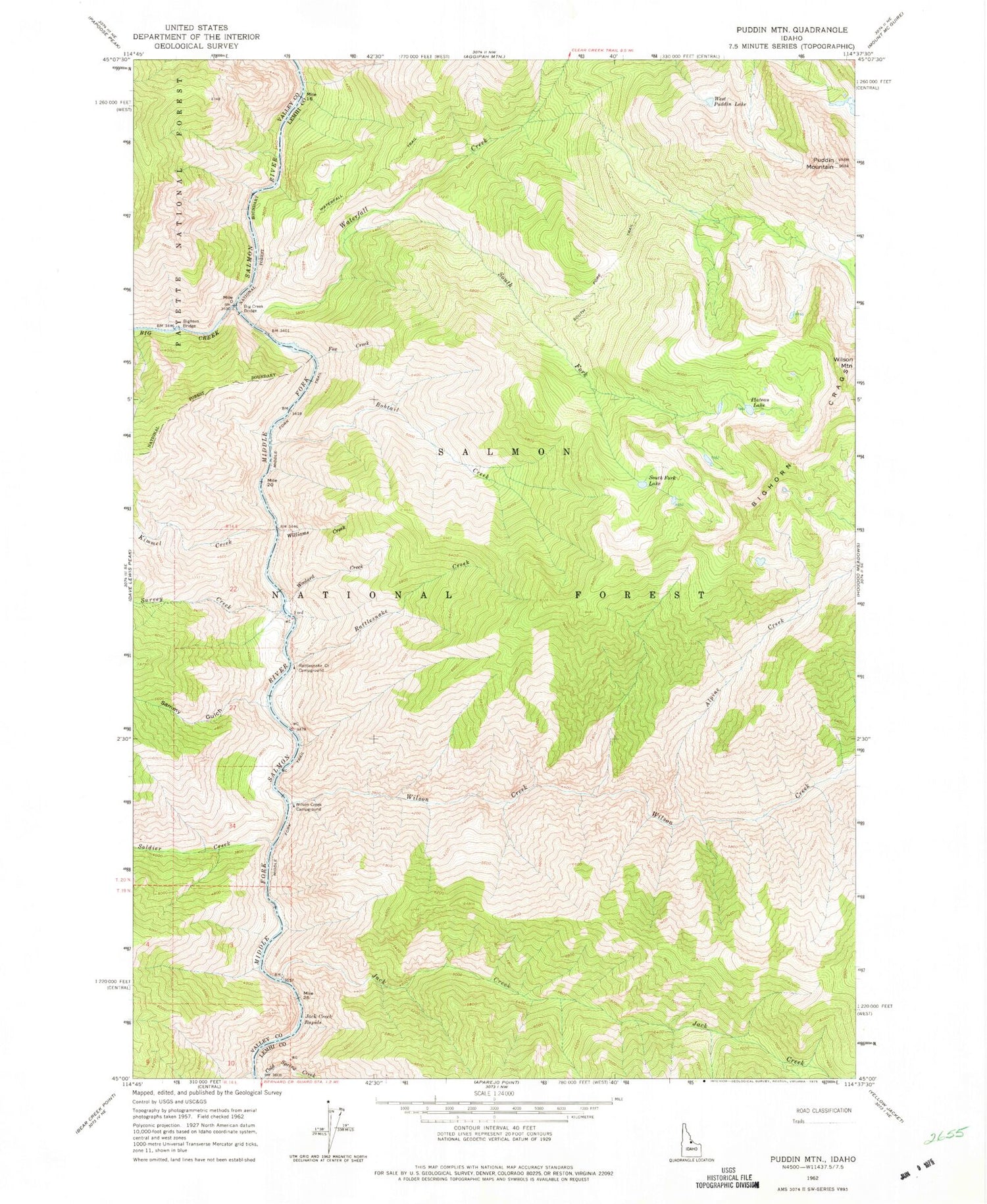 Classic USGS Puddin Mountain Idaho 7.5'x7.5' Topo Map Image