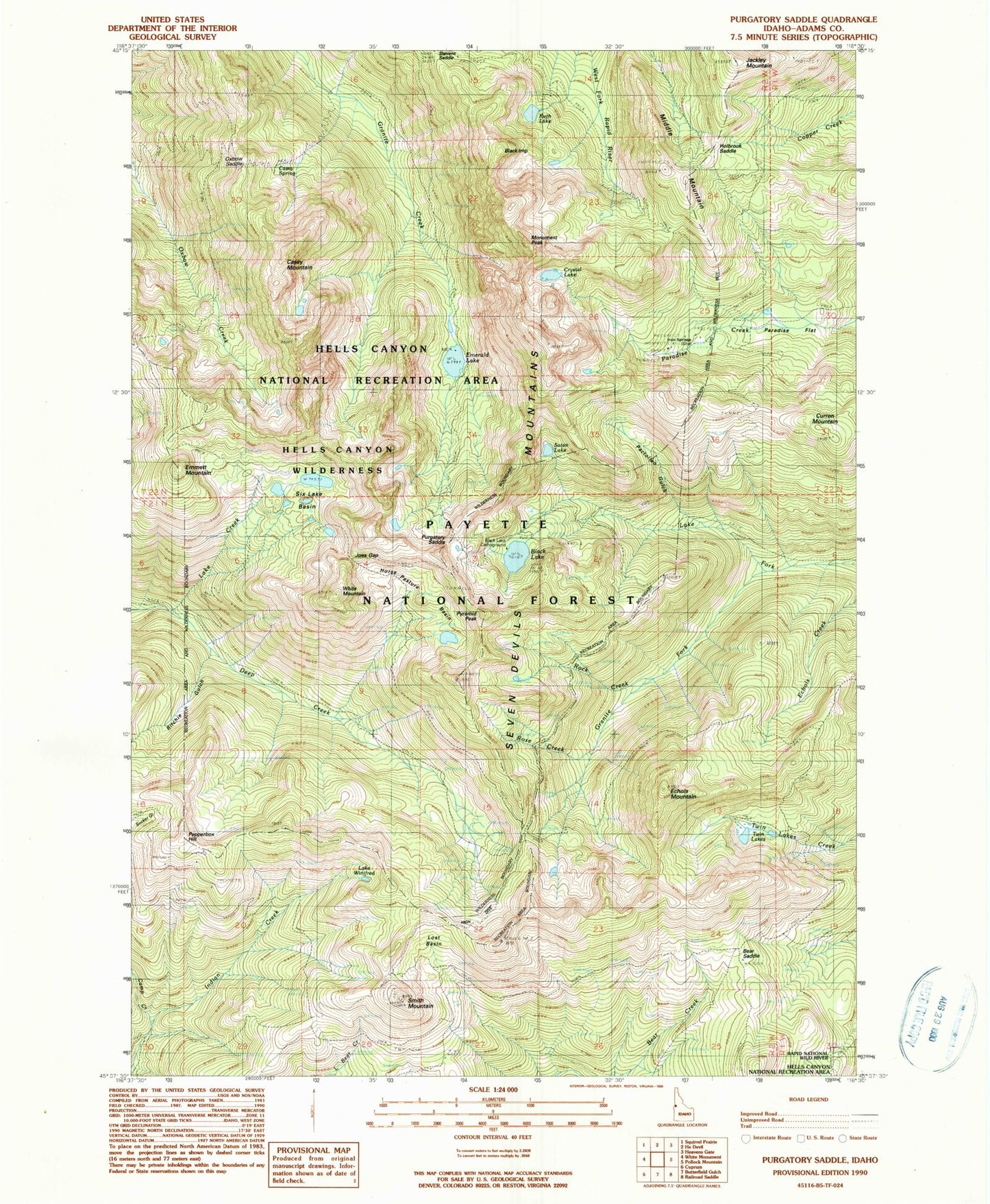 Classic USGS Purgatory Saddle Idaho 7.5'x7.5' Topo Map Image