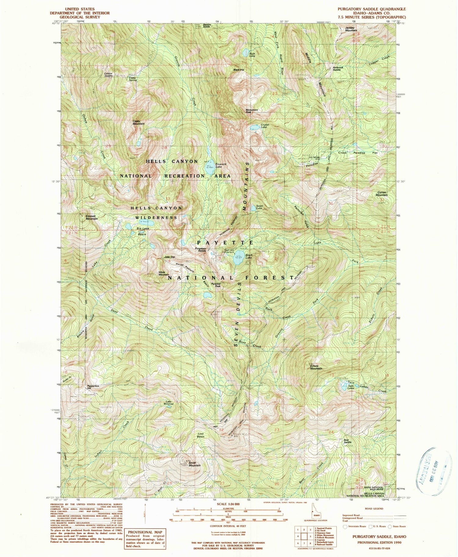 Classic USGS Purgatory Saddle Idaho 7.5'x7.5' Topo Map Image