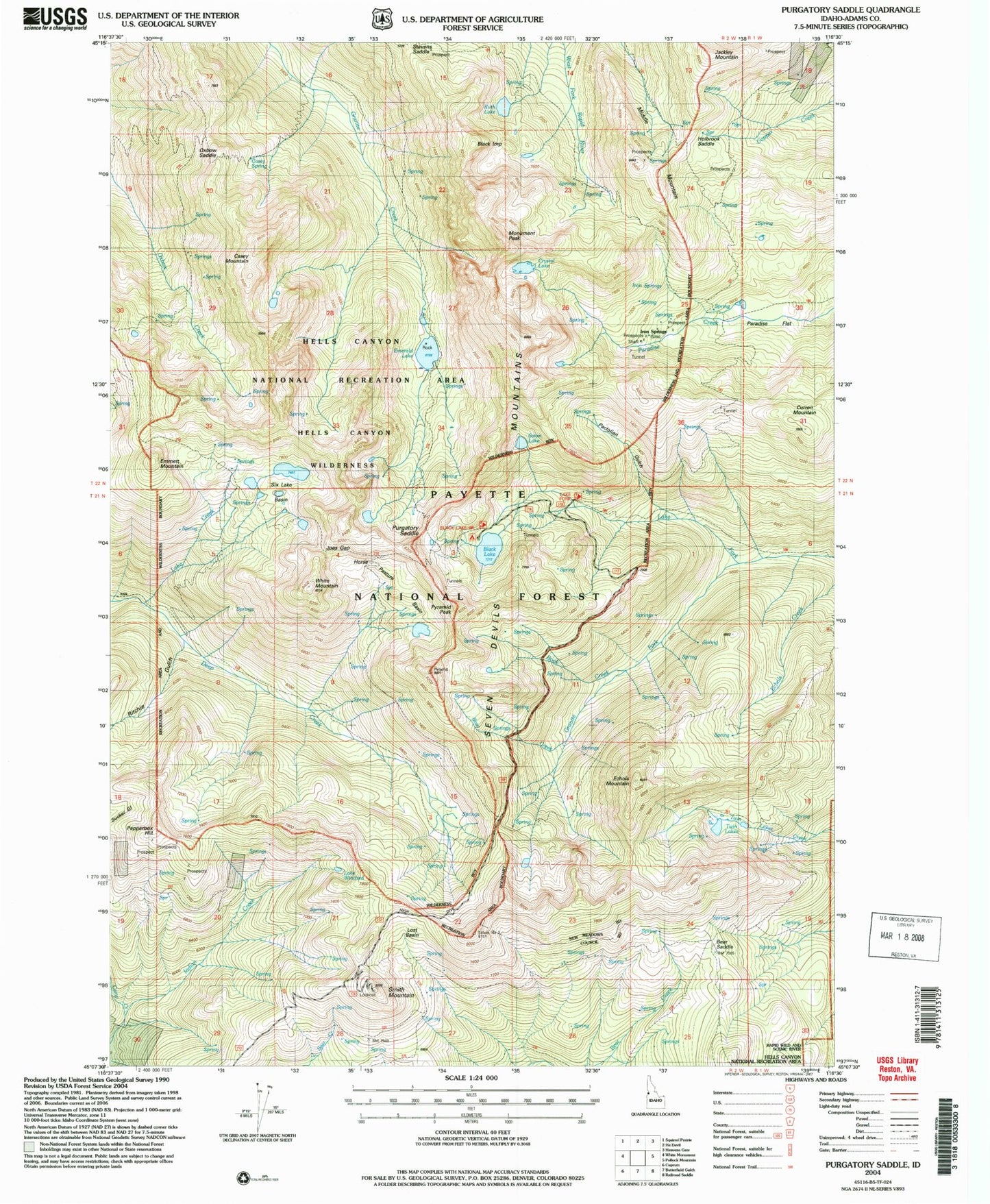 Classic USGS Purgatory Saddle Idaho 7.5'x7.5' Topo Map Image