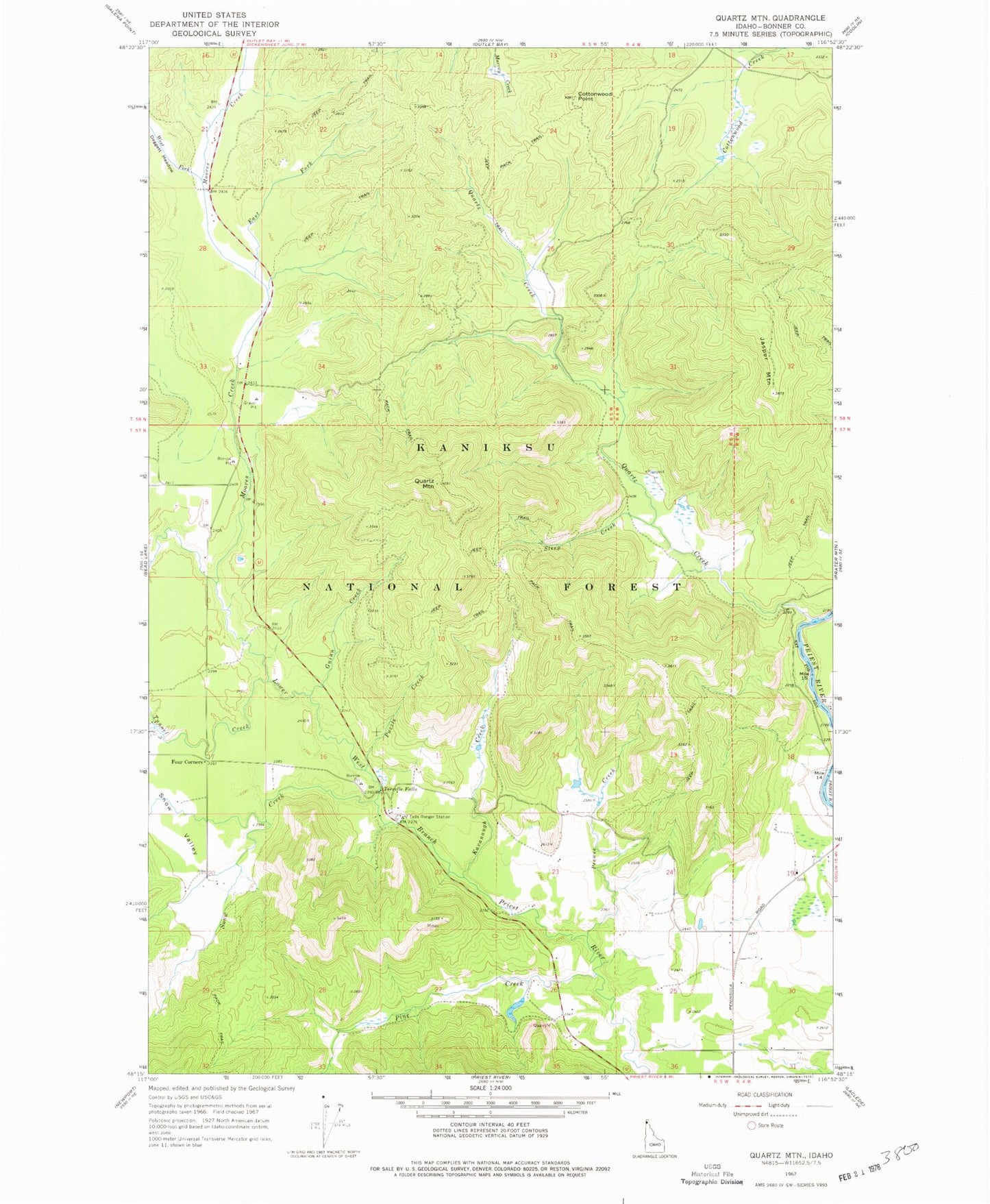 Classic USGS Quartz Mountain Idaho 7.5'x7.5' Topo Map Image