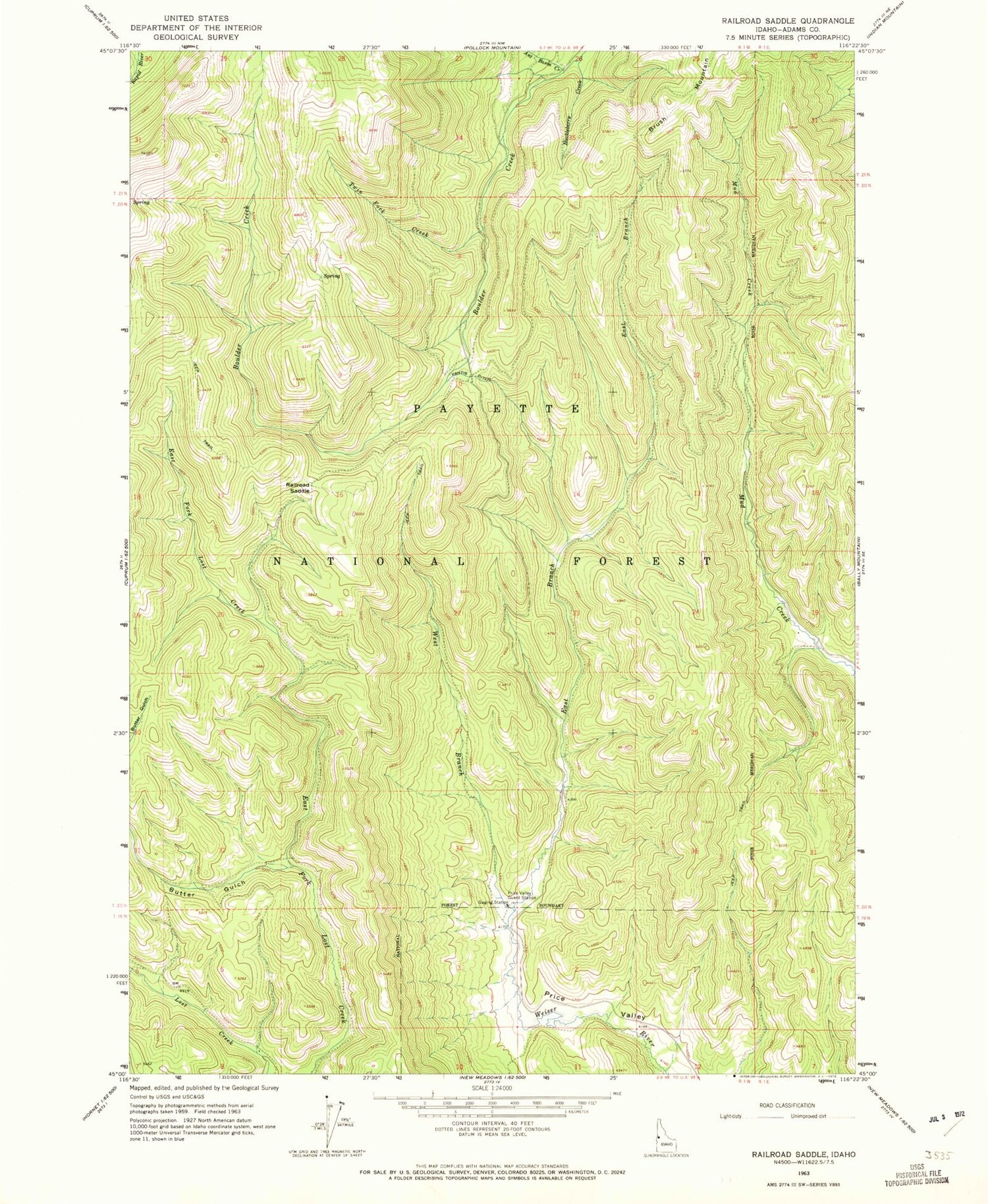 Classic USGS Railroad Saddle Idaho 7.5'x7.5' Topo Map Image