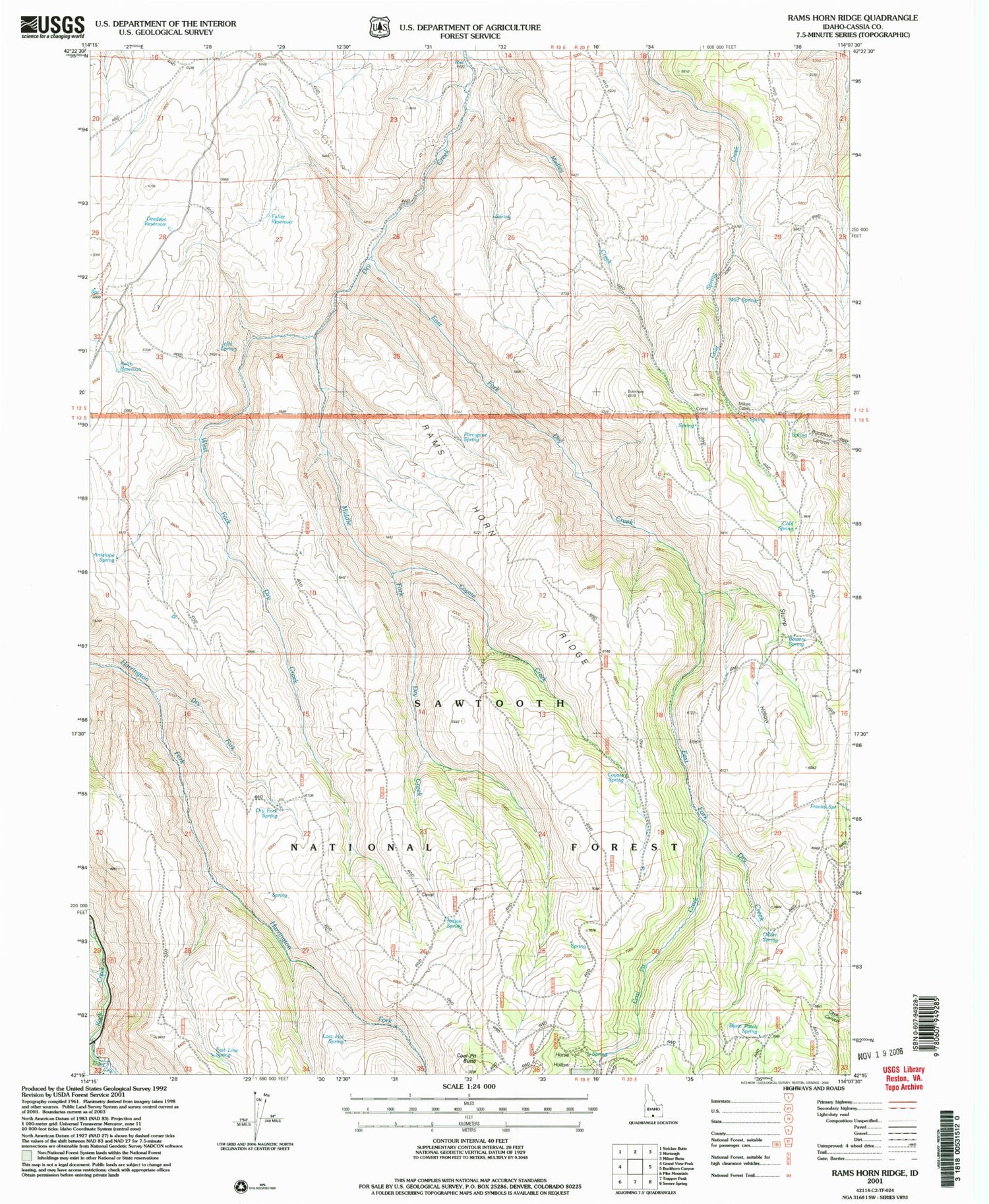 Classic USGS Rams Horn Ridge Idaho 7.5'x7.5' Topo Map Image