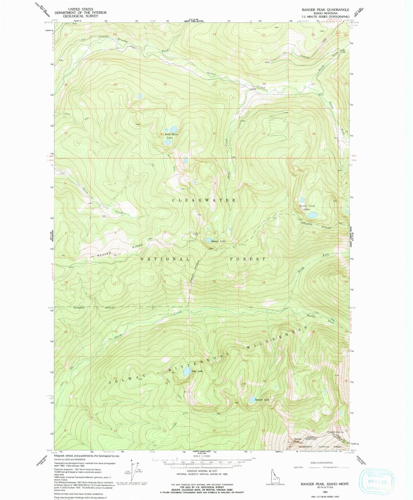 Classic USGS Ranger Peak Idaho 7.5'x7.5' Topo Map Image