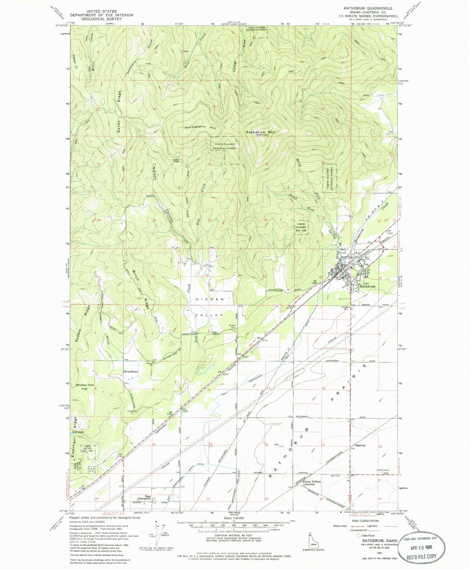 Classic USGS Rathdrum Idaho 7.5'x7.5' Topo Map Image