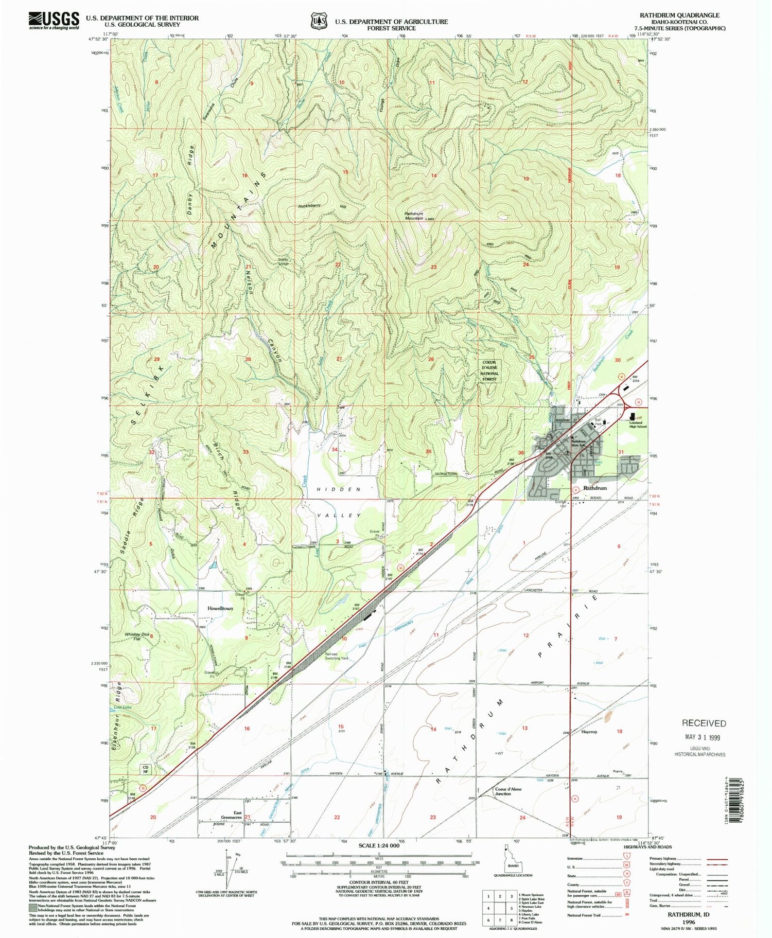 Classic USGS Rathdrum Idaho 7.5'x7.5' Topo Map Image