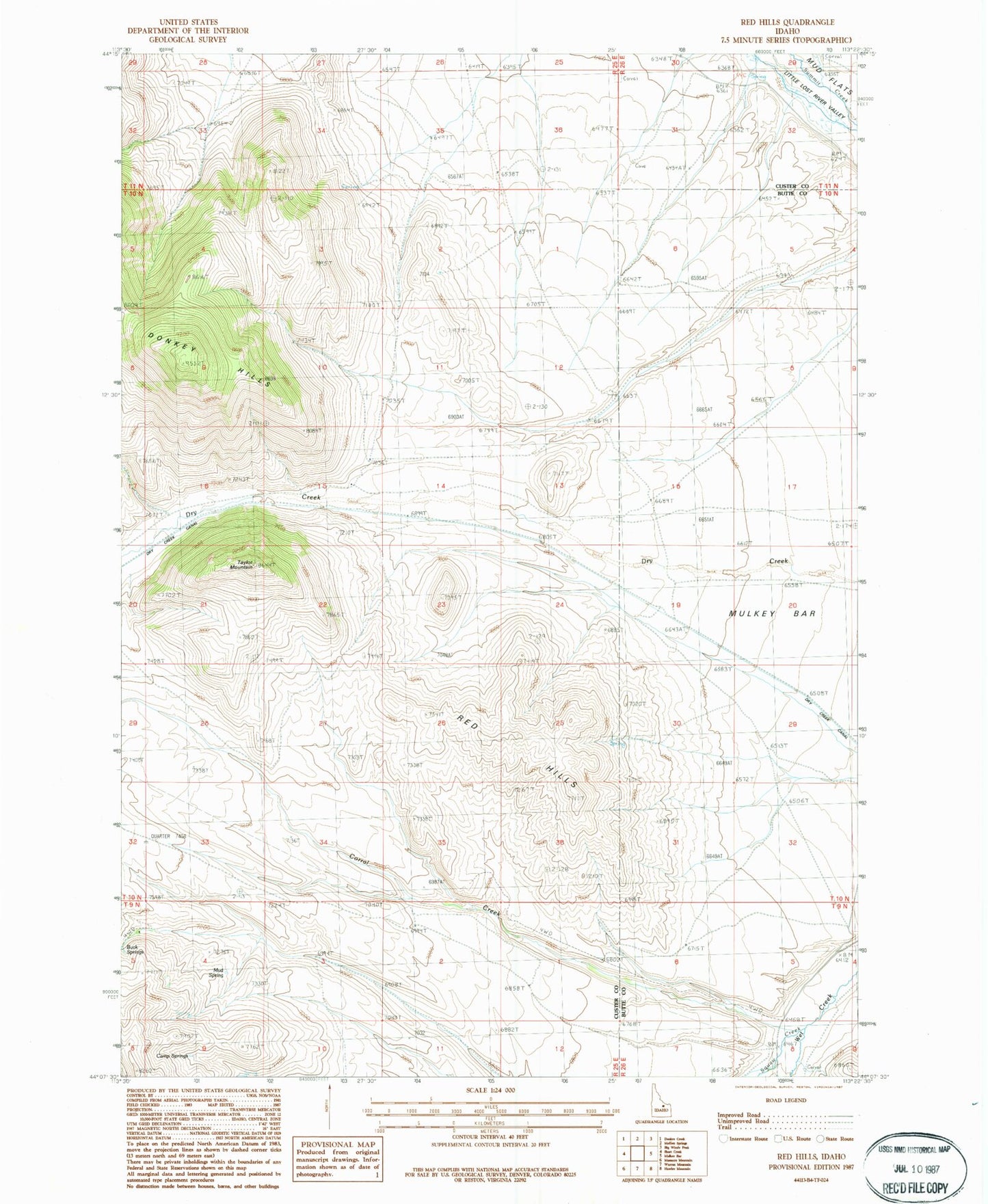 Classic USGS Red Hills Idaho 7.5'x7.5' Topo Map Image